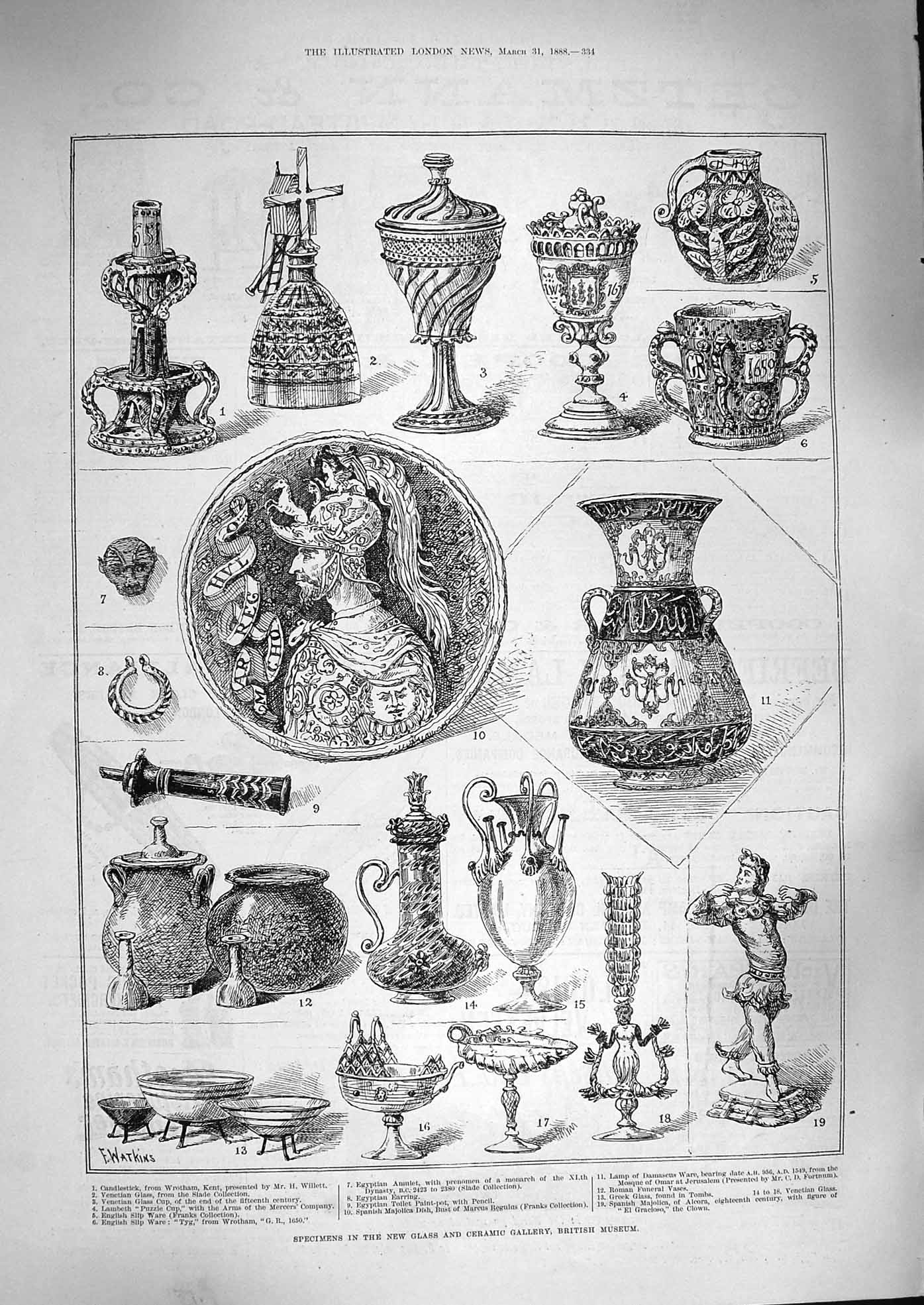 Original Old Antique Print 1888 Glass Ceramic Gallery British Museum Egyptian