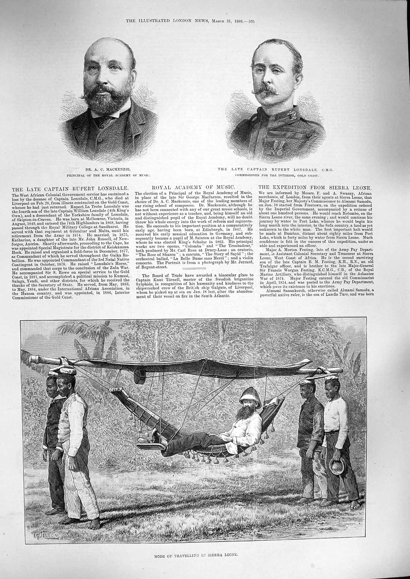 Old Antique Print 1888 Mackenzie Lonsdale Transport Sierra Leone Hammock 19th
