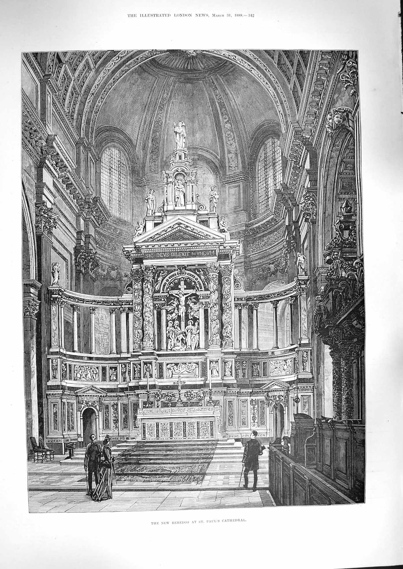 Old Antique Print 1888 Interior Reredos St. Paul'S Cathedral Architecture 19th