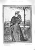Original Old Antique Print 1888 Cruel East Wind Winter Fur-Coat Lady Fine Art