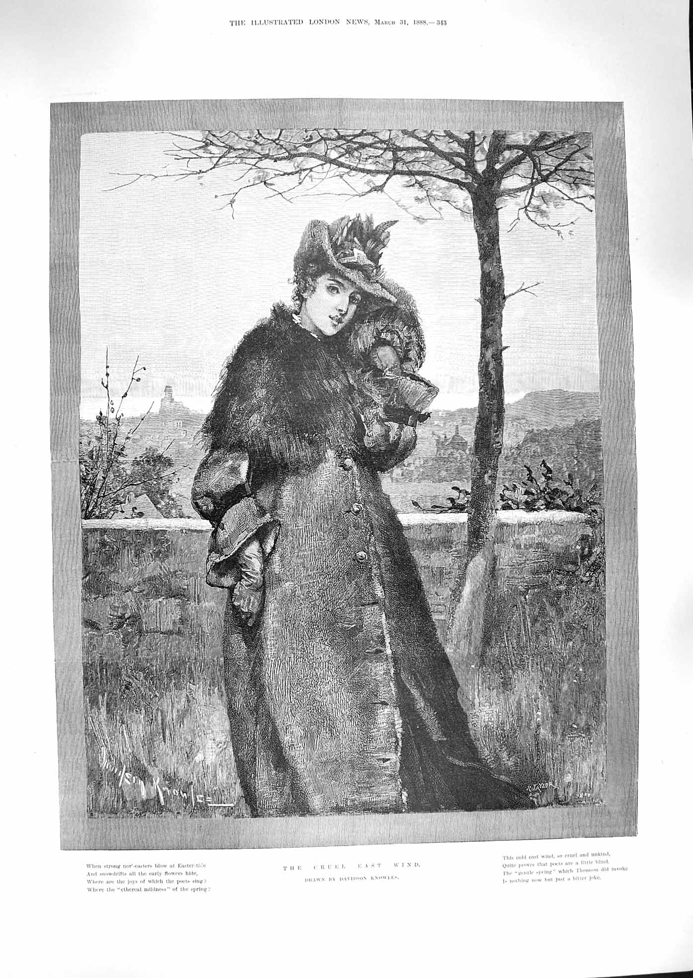 Original Old Antique Print 1888 Cruel East Wind Winter Fur-Coat Lady Fine Art