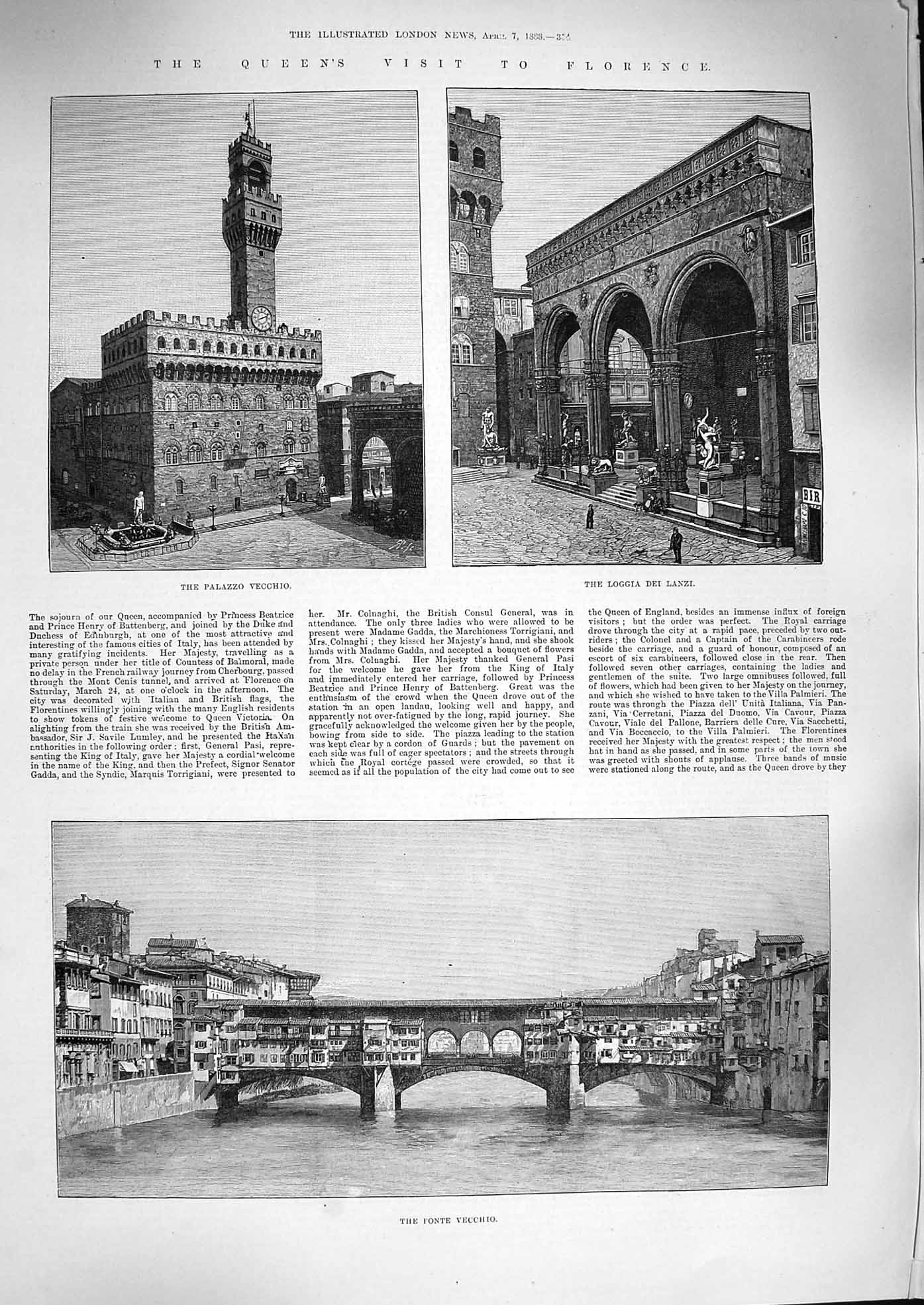 Old Antique Print 1888 Queen Florence Ponte Vecchio Loggia Villa Palmieri 19th