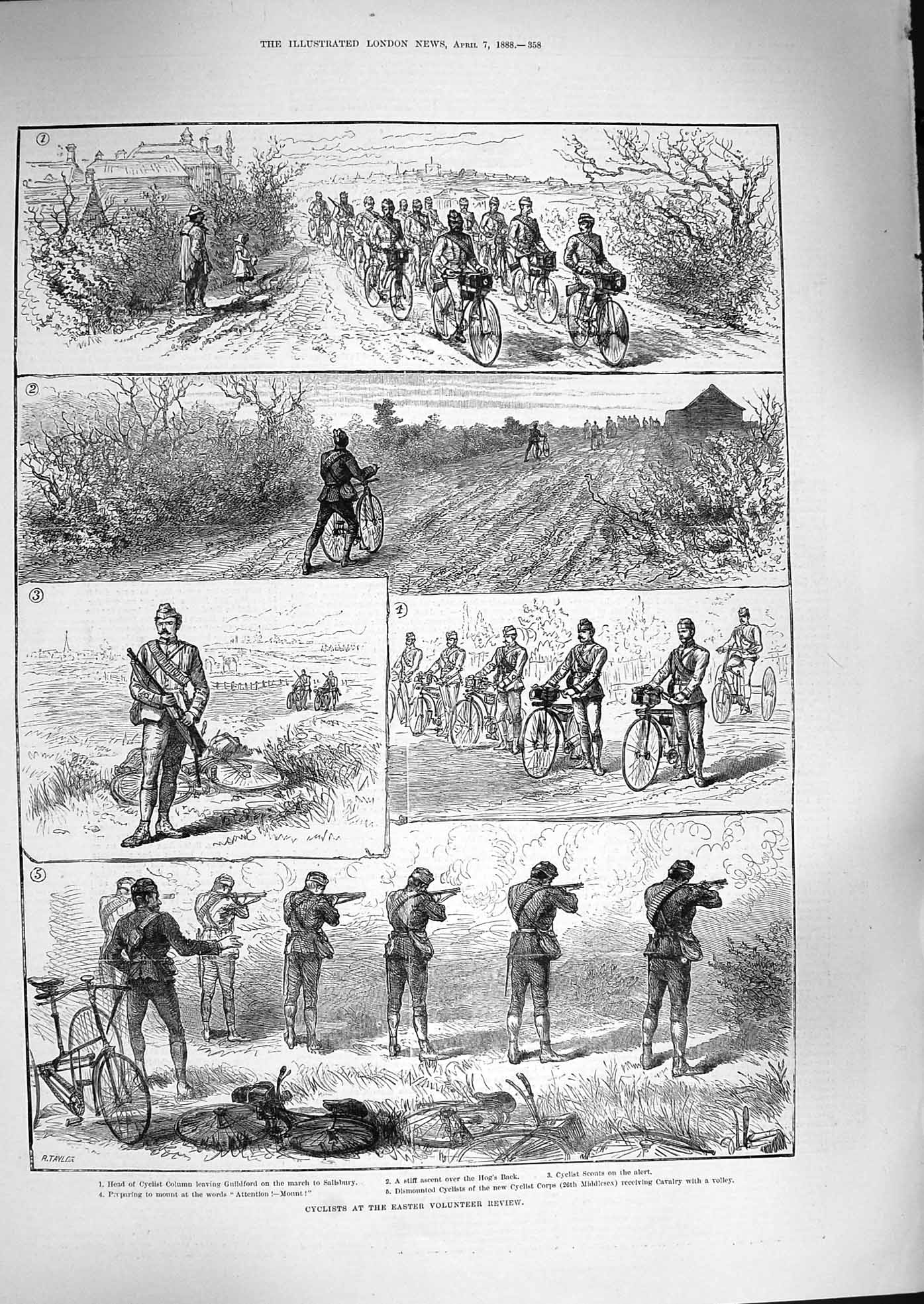 Original Old Antique Print 1888 Cyclists Easter Volunteer Review Scouts Siers