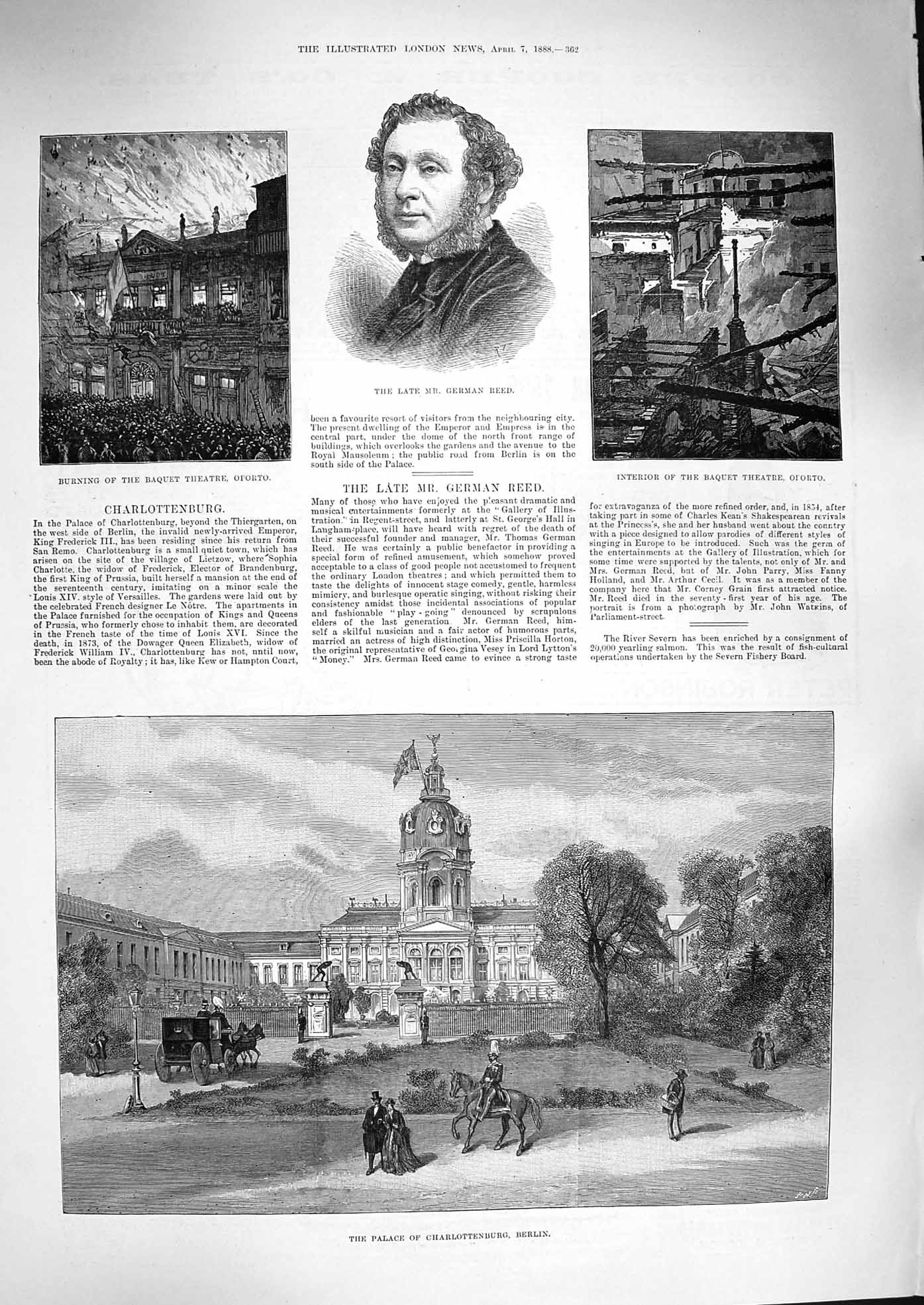 Old Antique Print 1888 Palace Charlottenburg Berlin Reed Theatre Oporto 19th