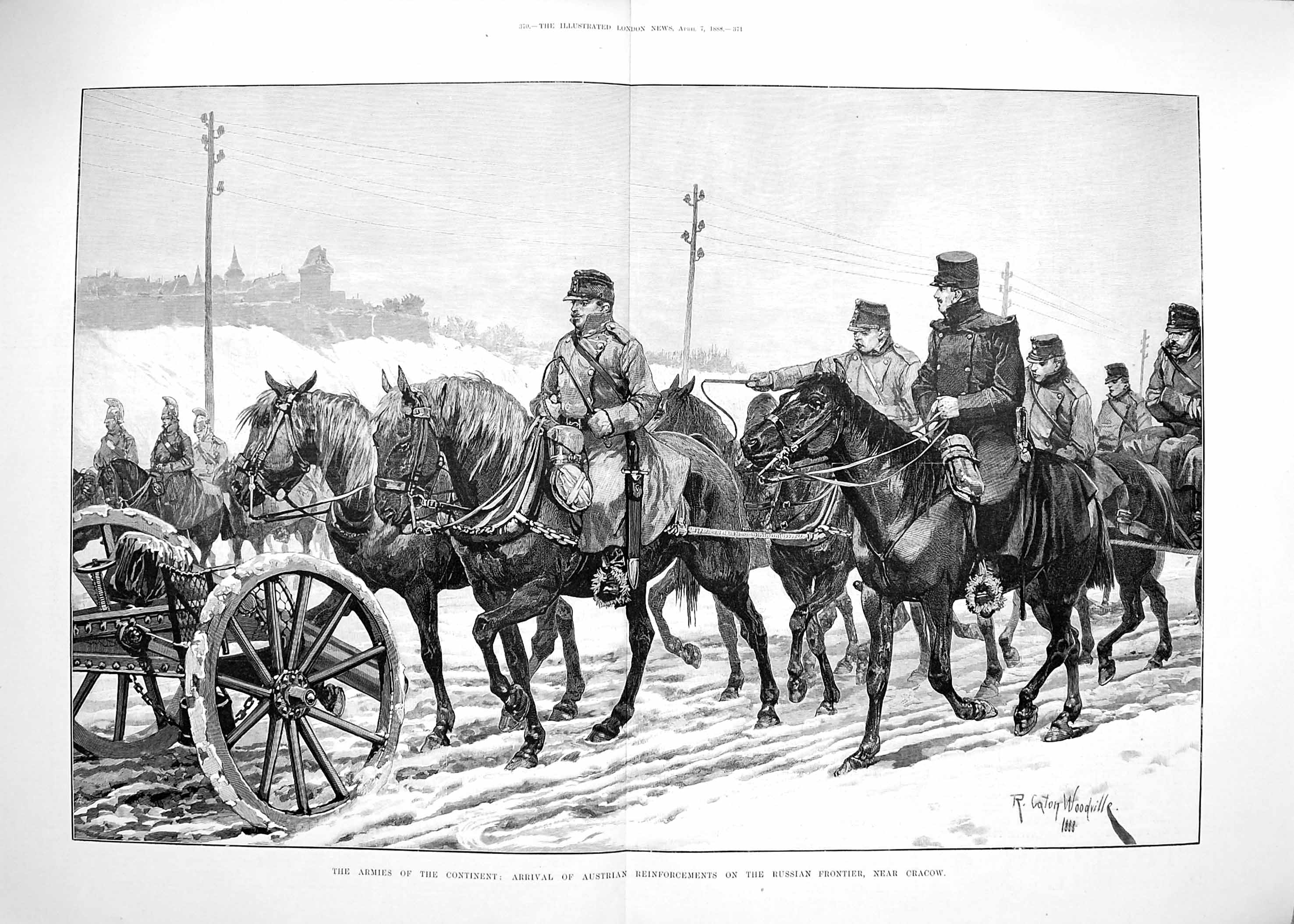 Original Old Antique Print 1888 Austrian Siers Russian Frontier Cracow Horses