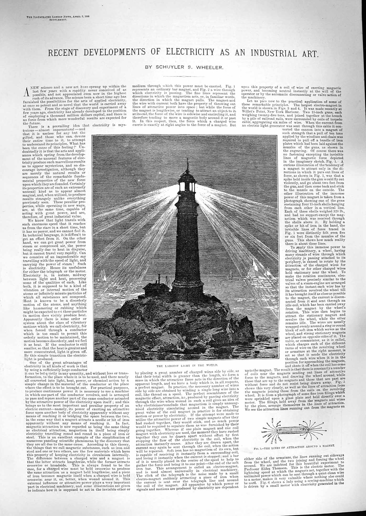 Old Antique Print 1888 Electric Light Lighthouse Fire-Engine Street-Car 19th