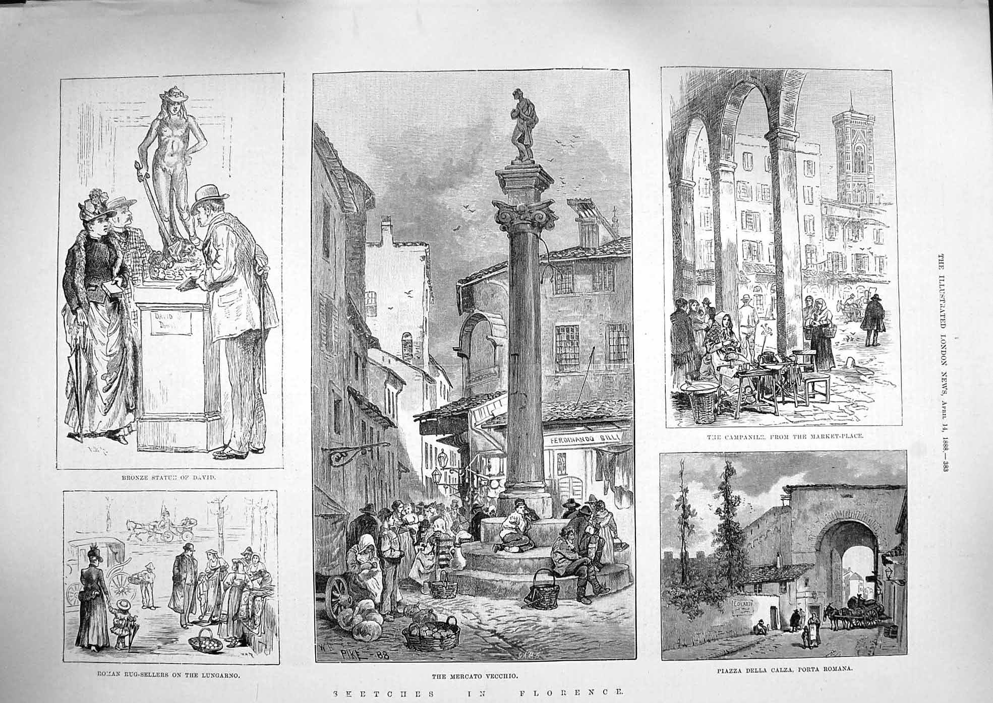 Original Old Antique Print 1888 Florence Mercato Vecchio Romana Lungarno David
