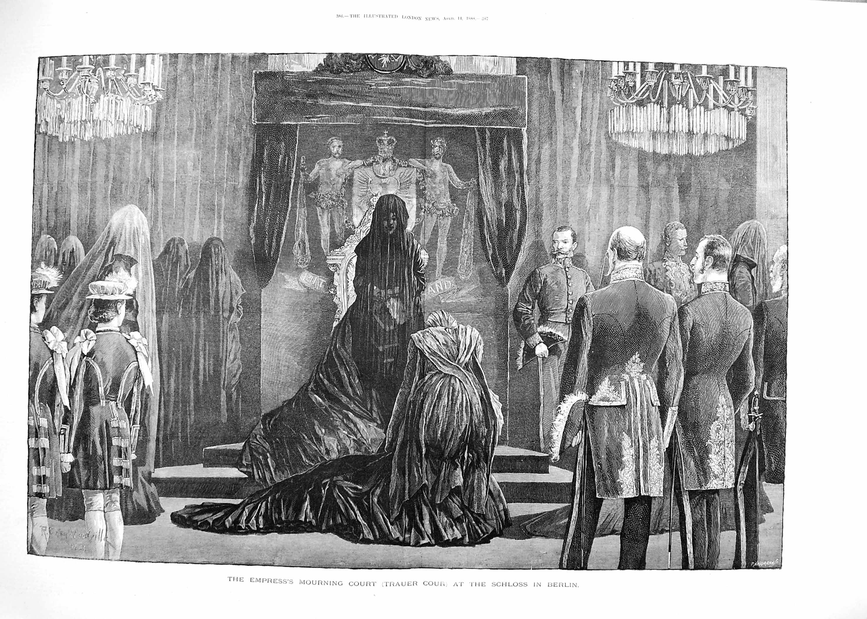 Original Old Antique Print 1888 Empress Mourning Court Schloss Berlin Germany