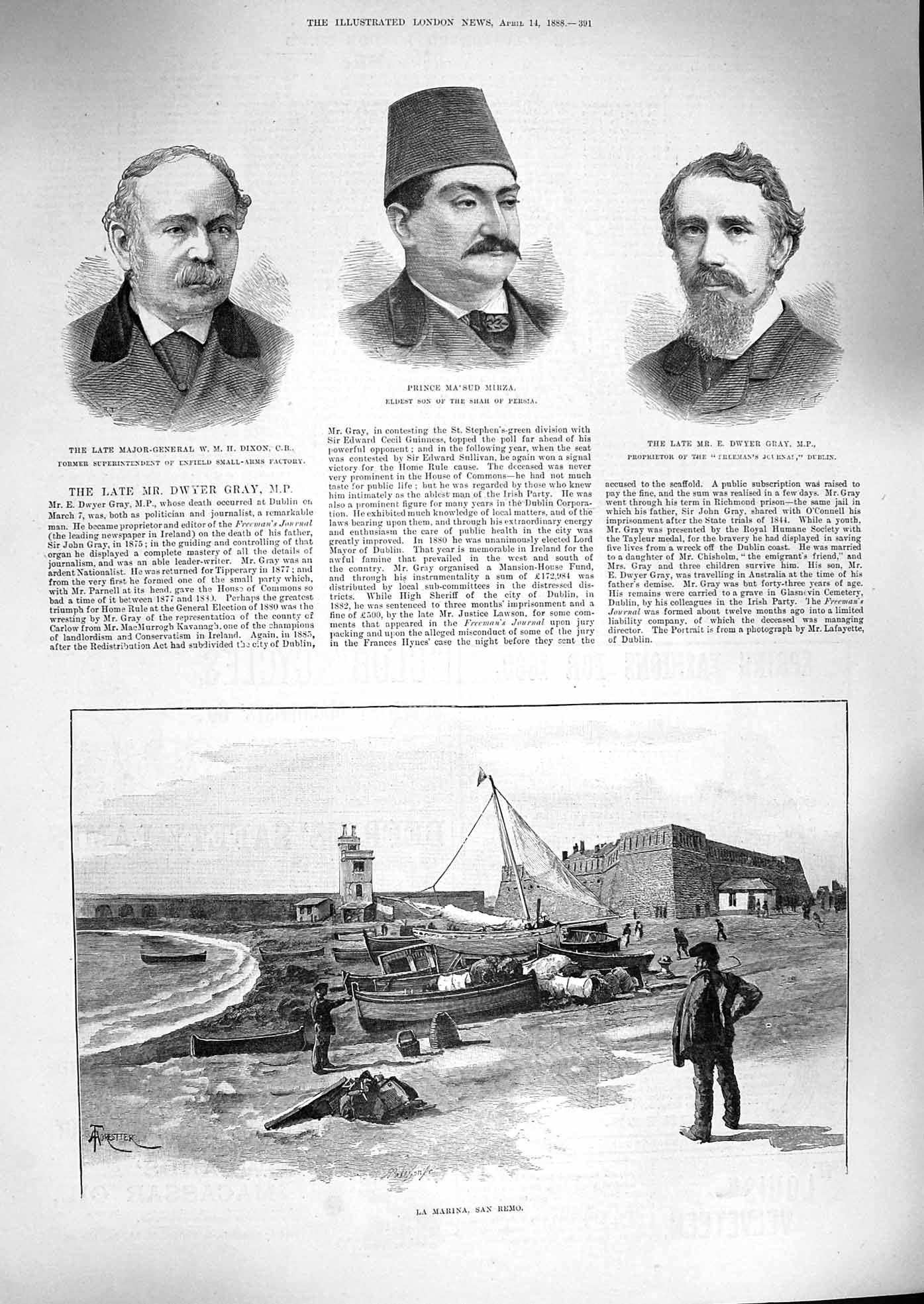 Old Antique Print 1888 La Marina San Remo Dixon Prince Mirza Dwyer Gray 19th