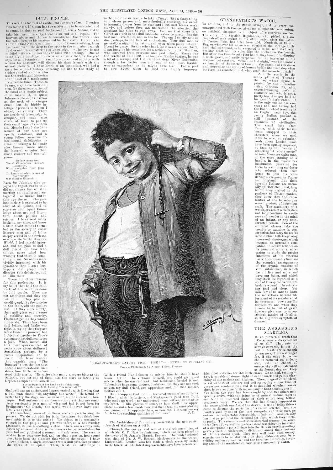 Original Old Antique Print 1888 Little Boy Grandfathers Watch Tick Cipriano Cei