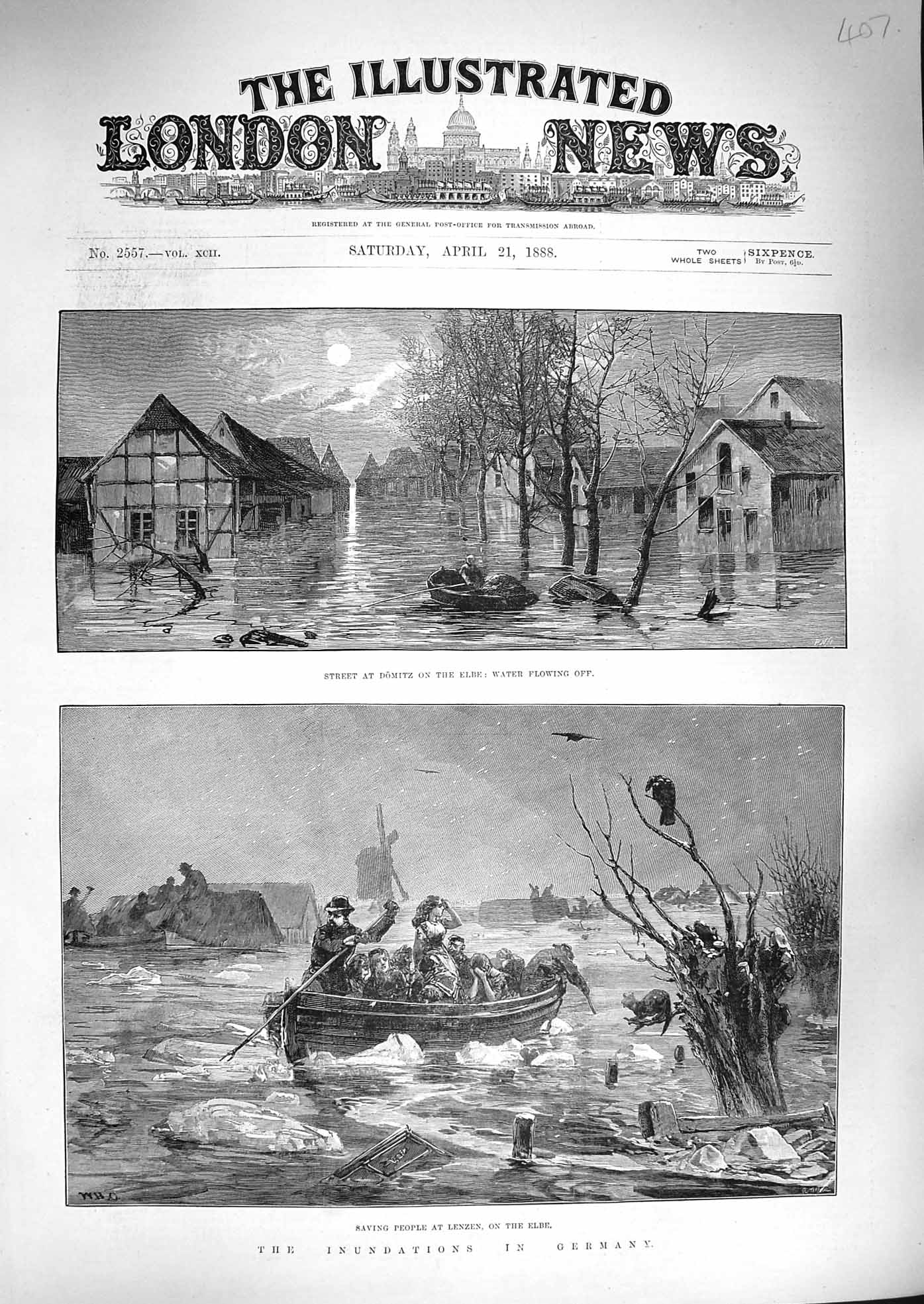 Original Old Antique Print 1888 Floods Germany Domitz Elbe Rescue Boat Lenzen