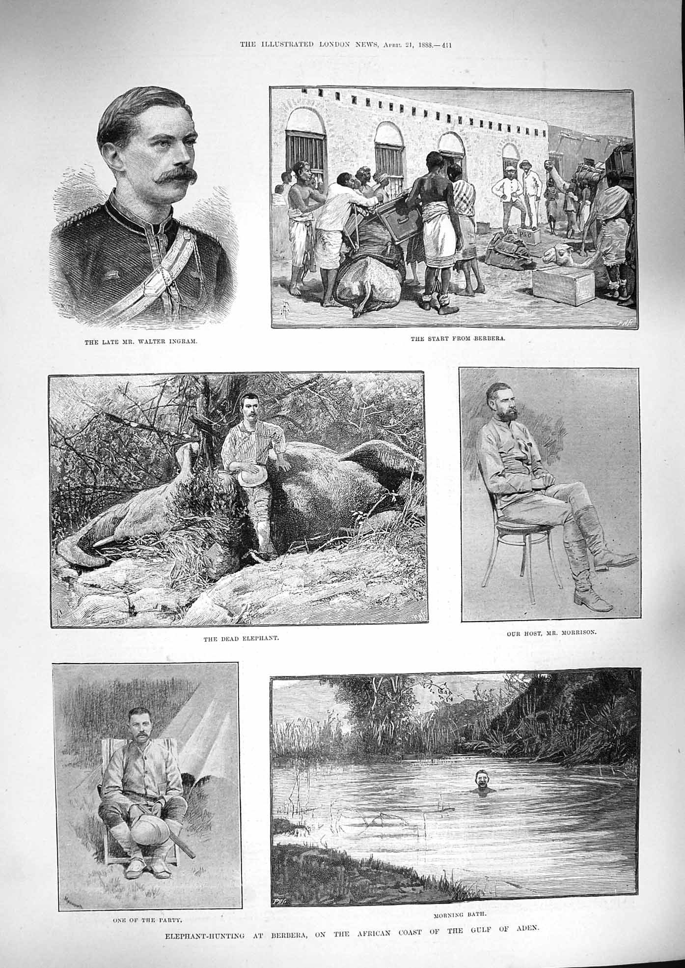 Old Antique Print 1888 Elephant Hunting Berbera Africa Gulf Aden Ingram 19th