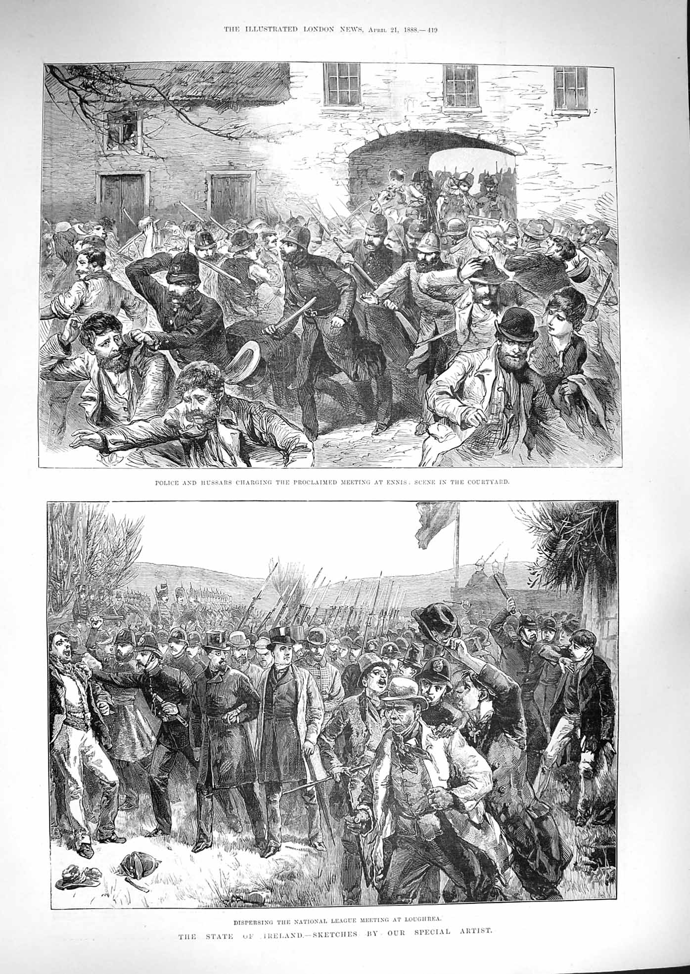 Old Antique Print 1888 Ireland Police Hussars Ennis Loughrea League Men 19th