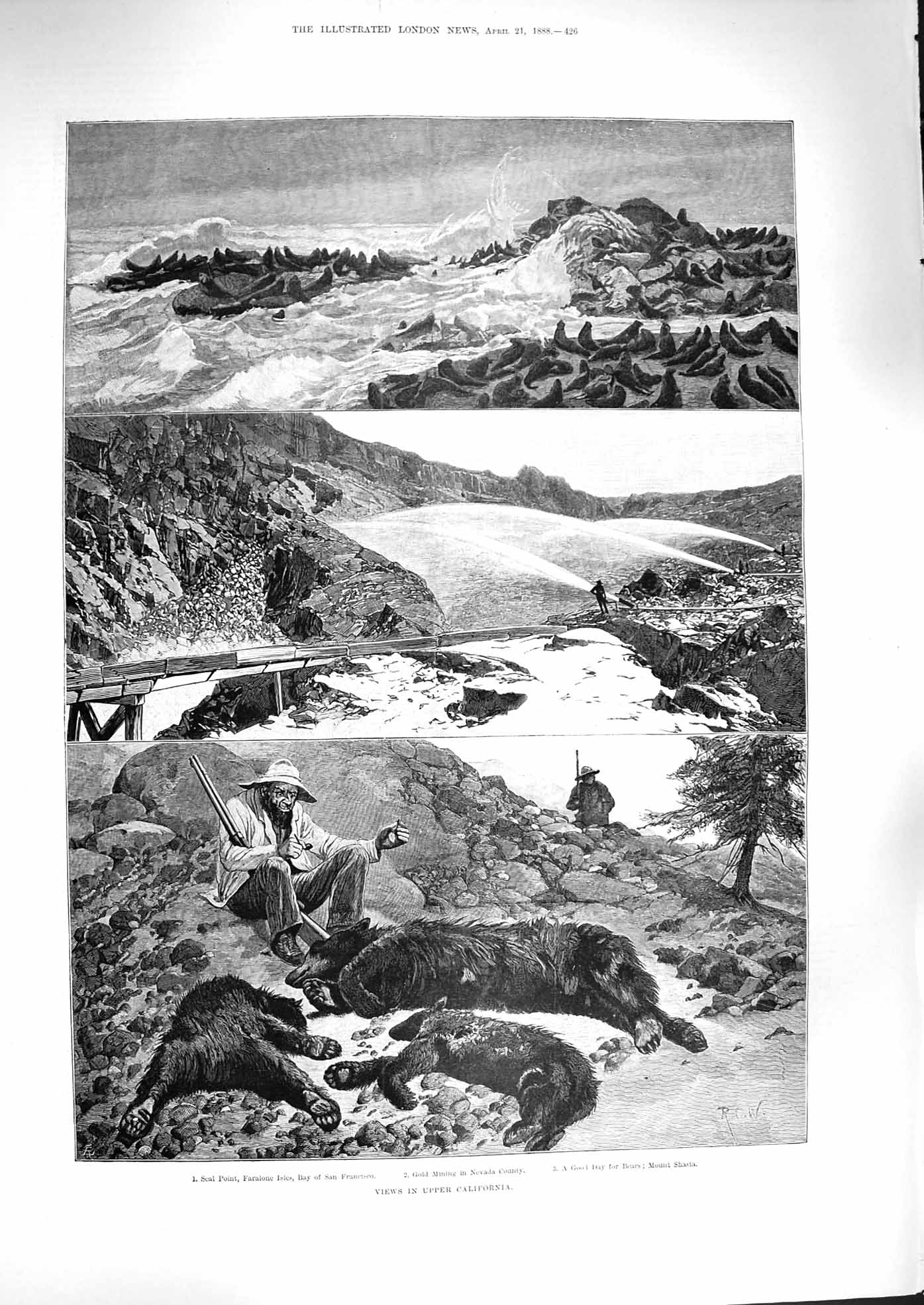 Original Old Antique Print 1888 California Seal Point Faralone GMining Shasta