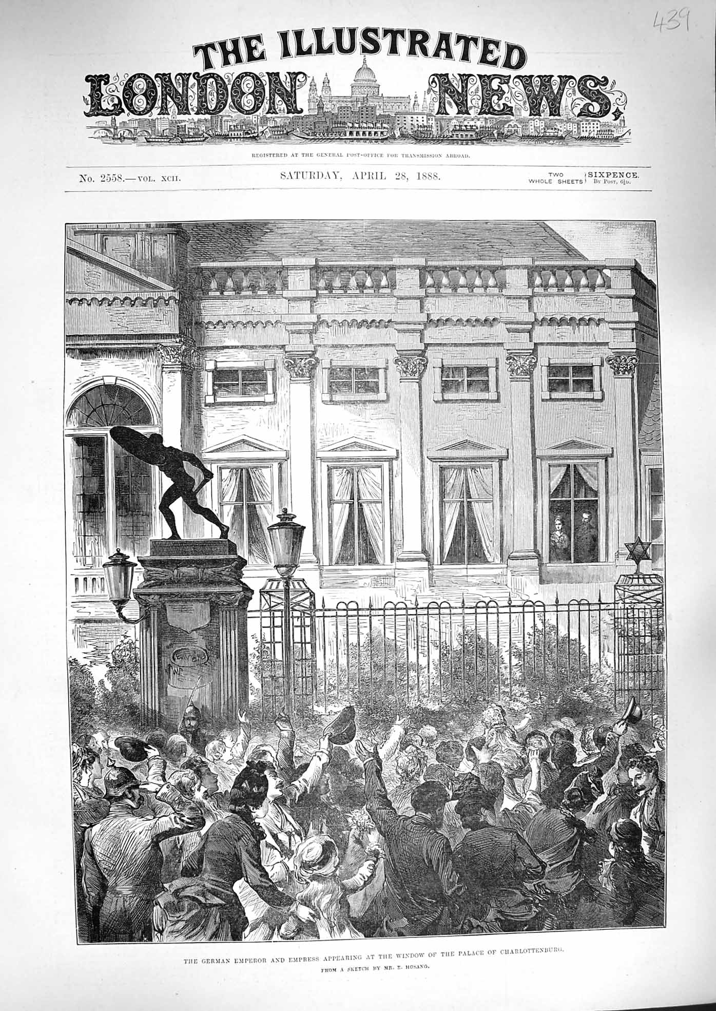 Original Old Antique Print 1888 German Emperor Window Palace Charlottenburg