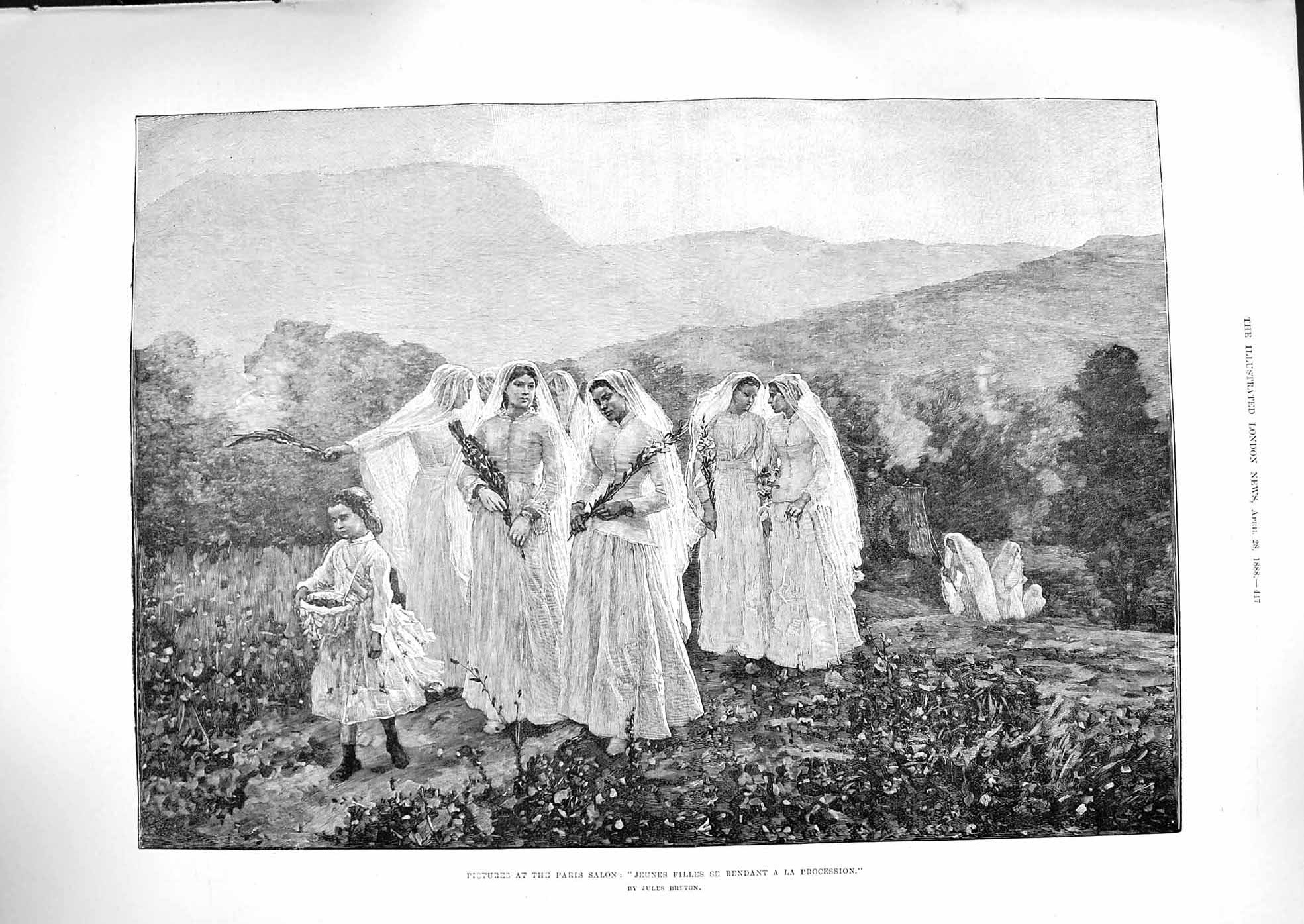 Original Old Antique Print 1888 Jeunes Filles Se Rendant A La Procession Paris
