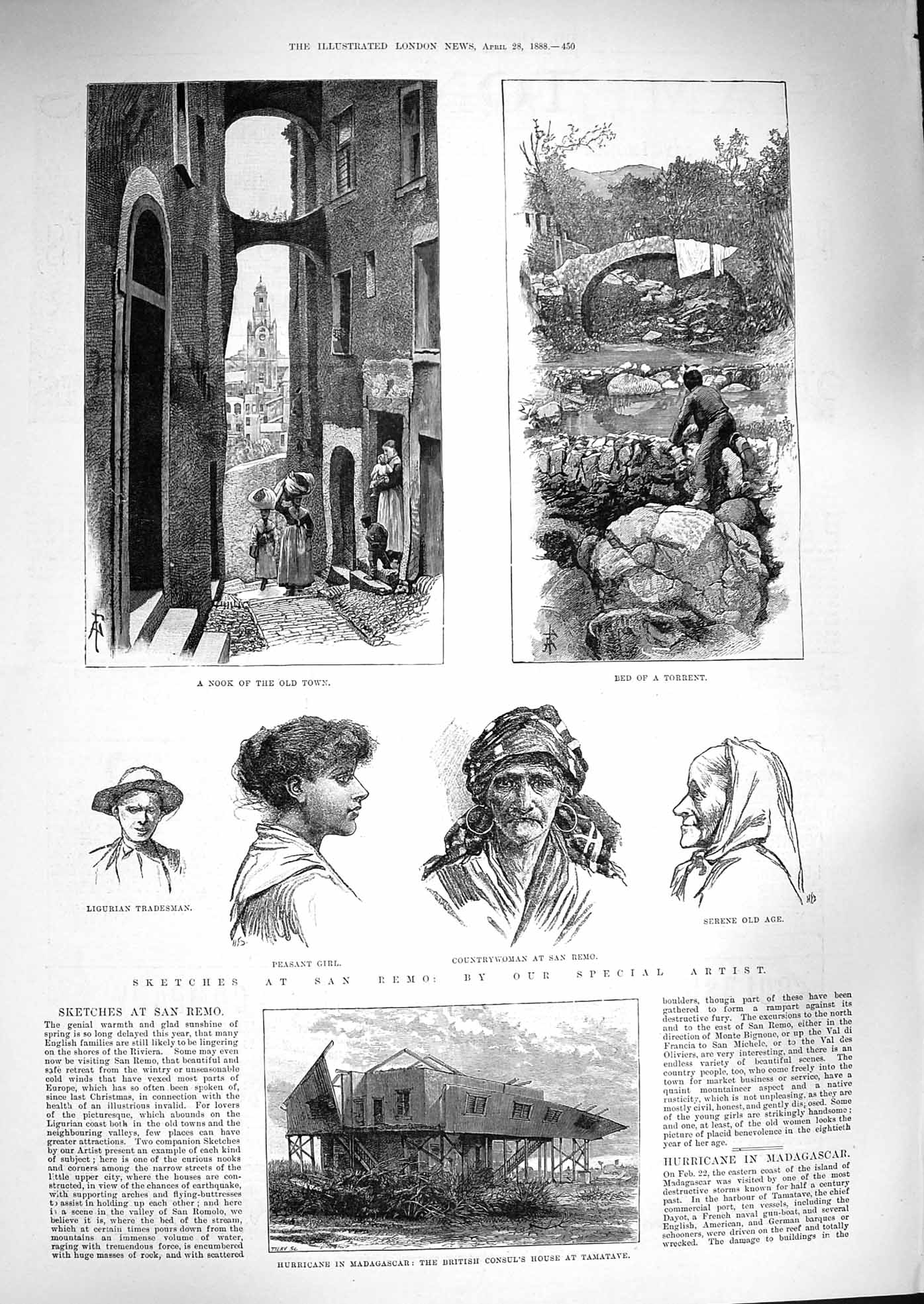 Original Old Antique Print 1888 San Remo Peasant Ligurian Madagascar Hurricane
