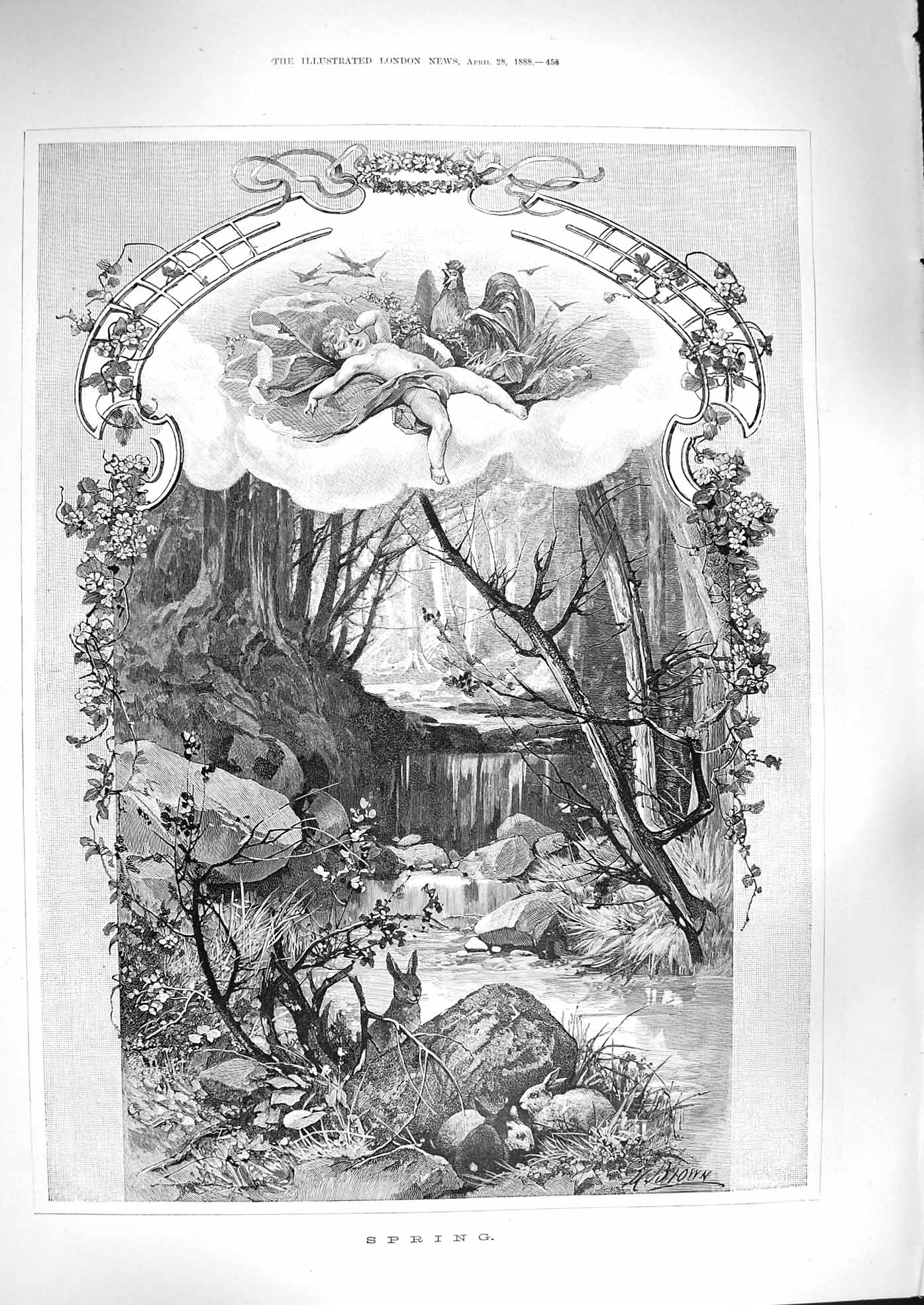 Original Old Antique Print 1888 Spring Scene River Trees Rabbits Nature Animals