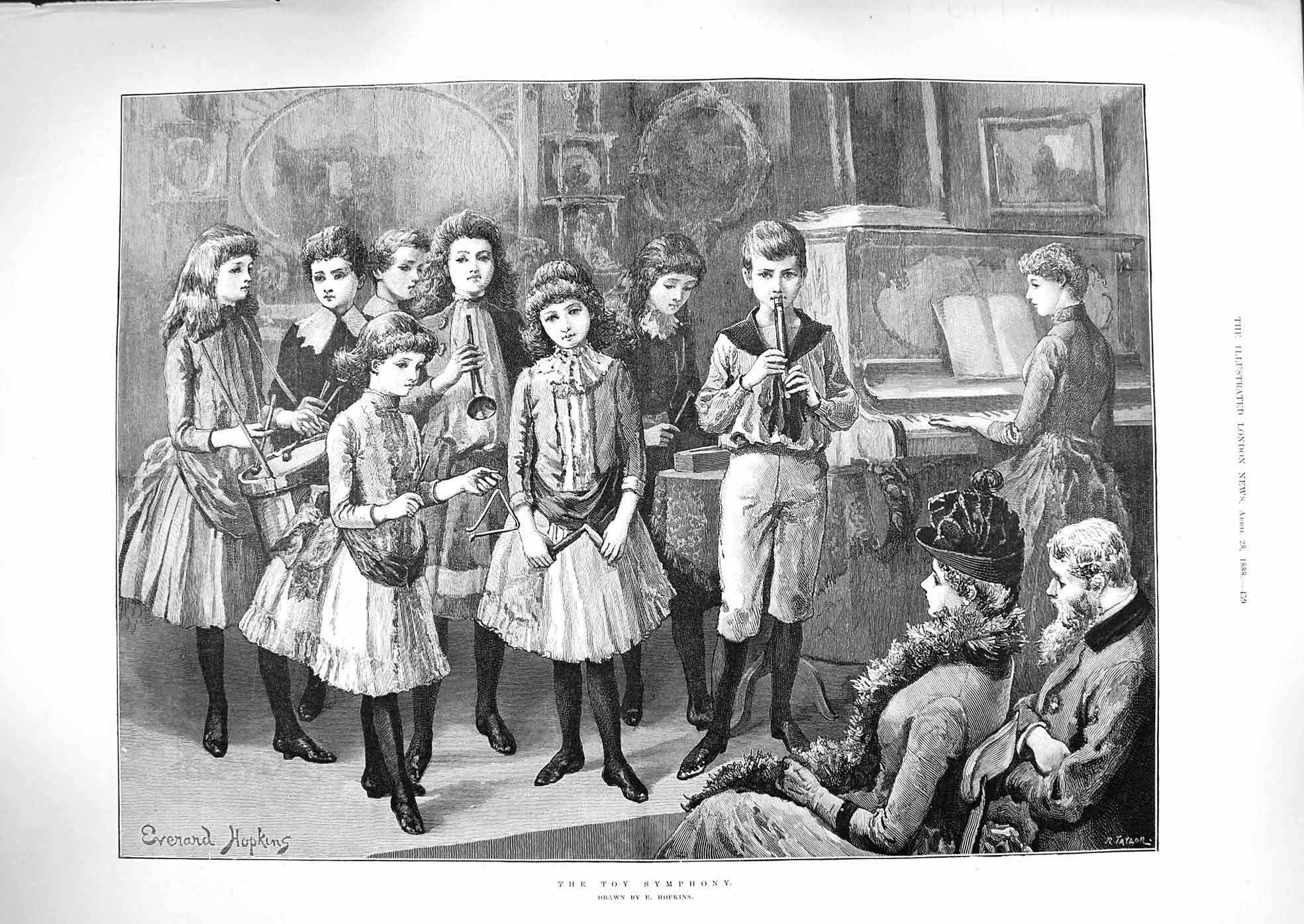 Original Old Antique Print 1888 Toy Symphony Children Music Piano Instruments