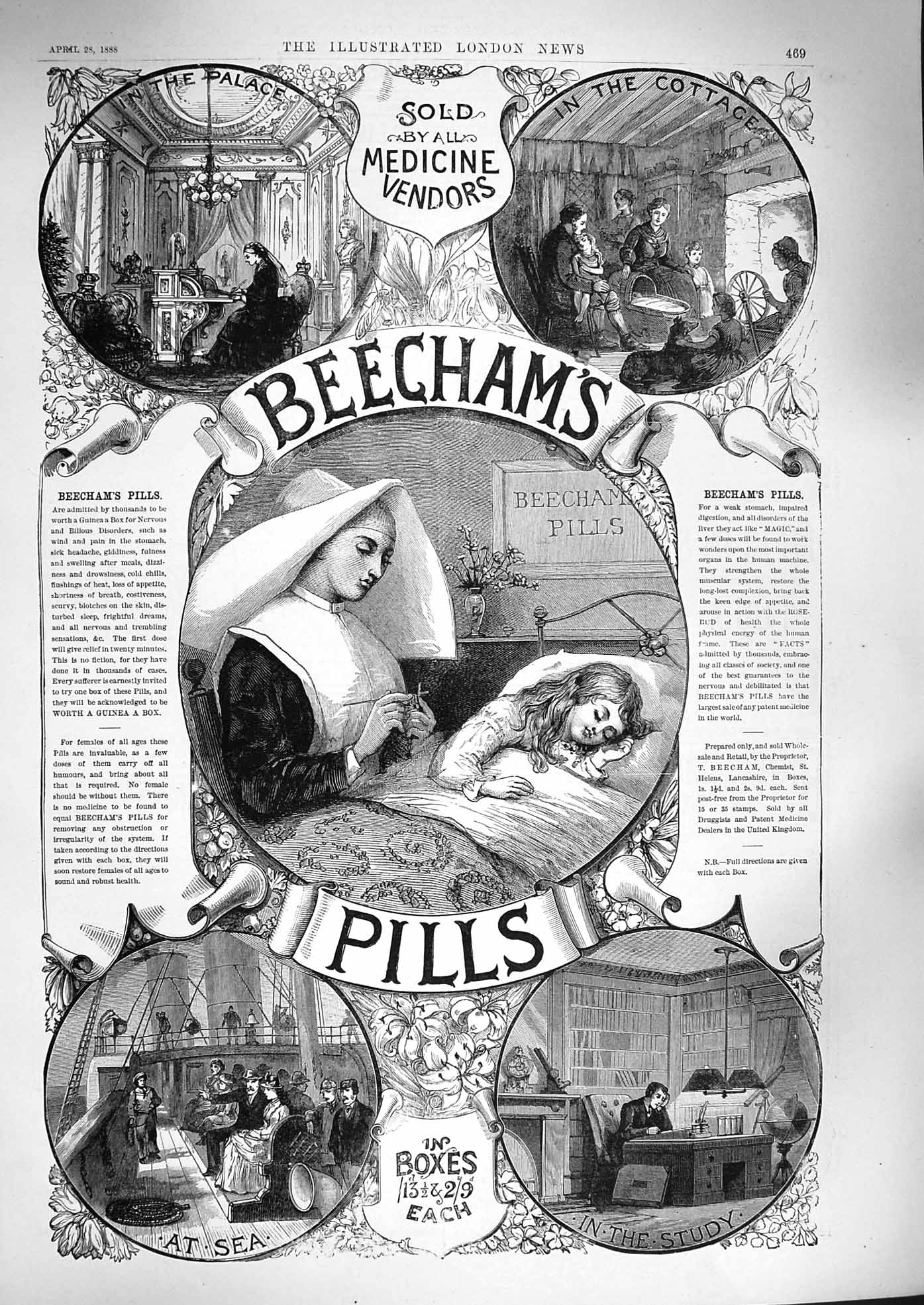 Original Old Antique Print 1888 Advertisement Beechams Pills Medicine Nurse
