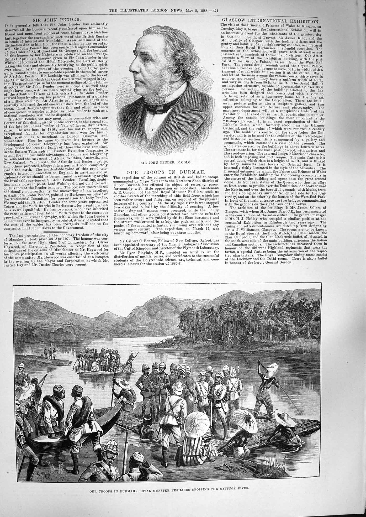 Original Old Antique Print 1888 John Pender Siers Burmah Munster Fusiliers 19th