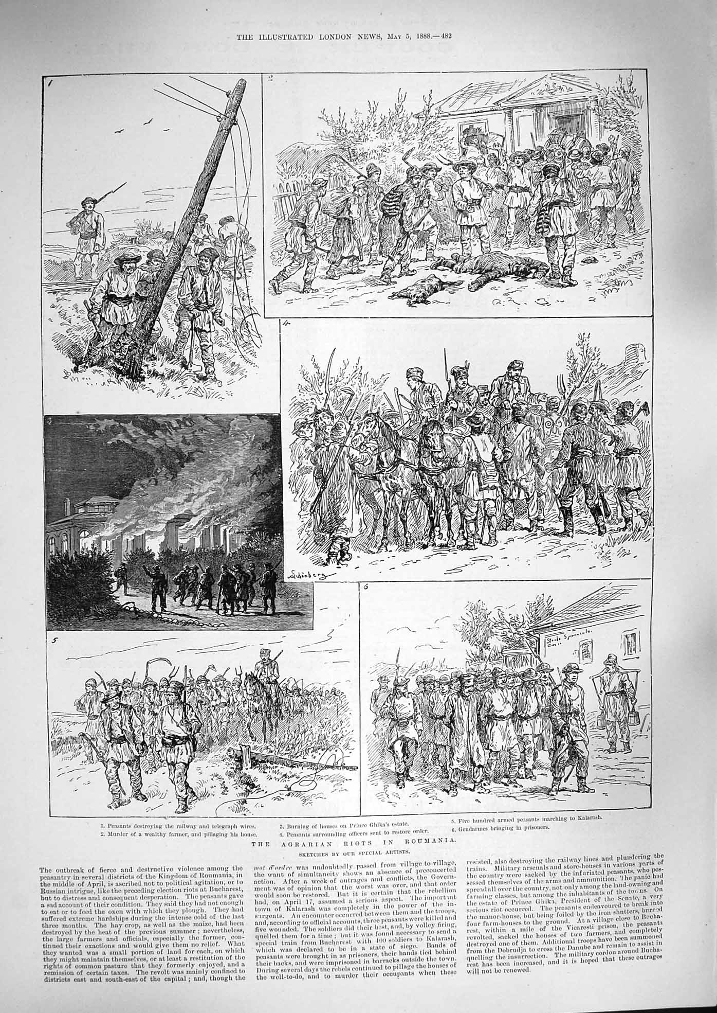 Original Old Antique Print 1888 Agrarian Riots Roumania Peasants Prince Ghika