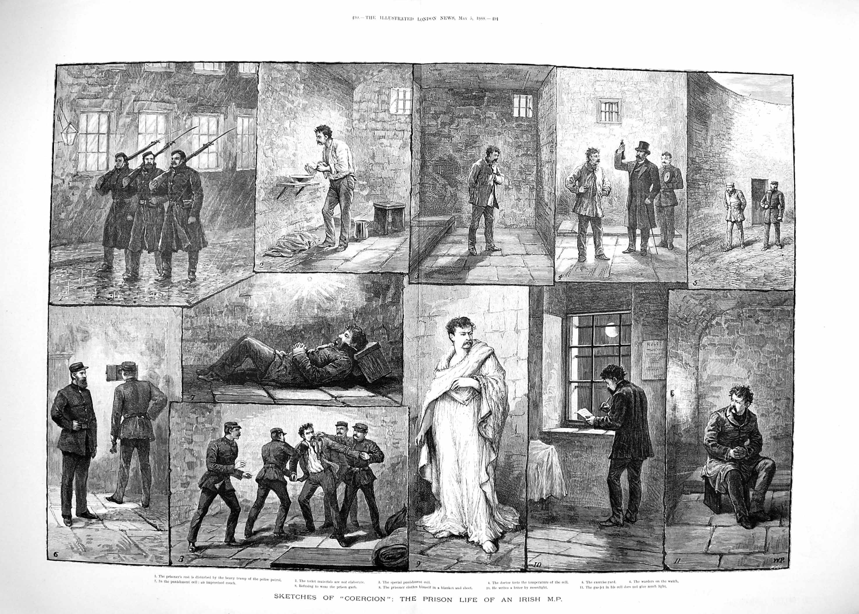 Original Old Antique Print 1888 Coercoin Prison Life Irish Member Parliament