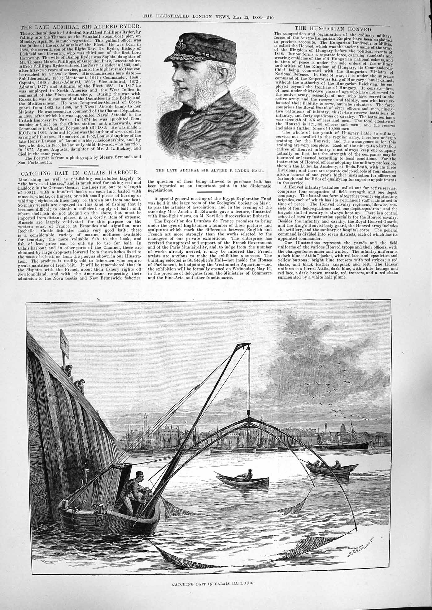 Old Antique Print 1888 Fishing Bait Calais Harbour Admiral Alfred Ryder 19th