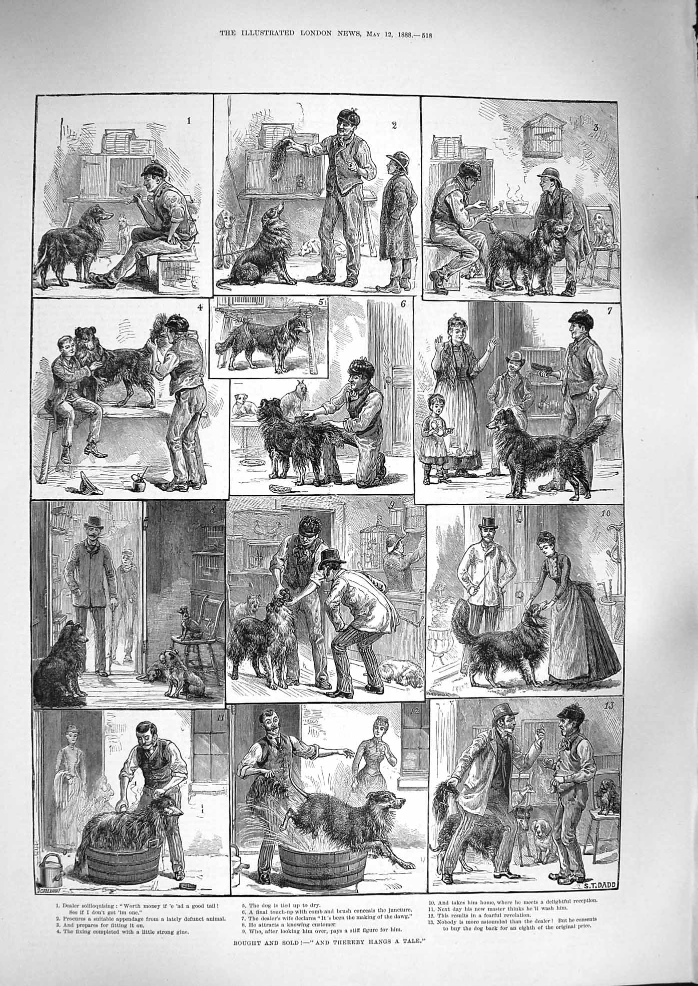 Original Old Antique Print 1888 Bought SThereby Hangs Tale Dog Sale Victorian