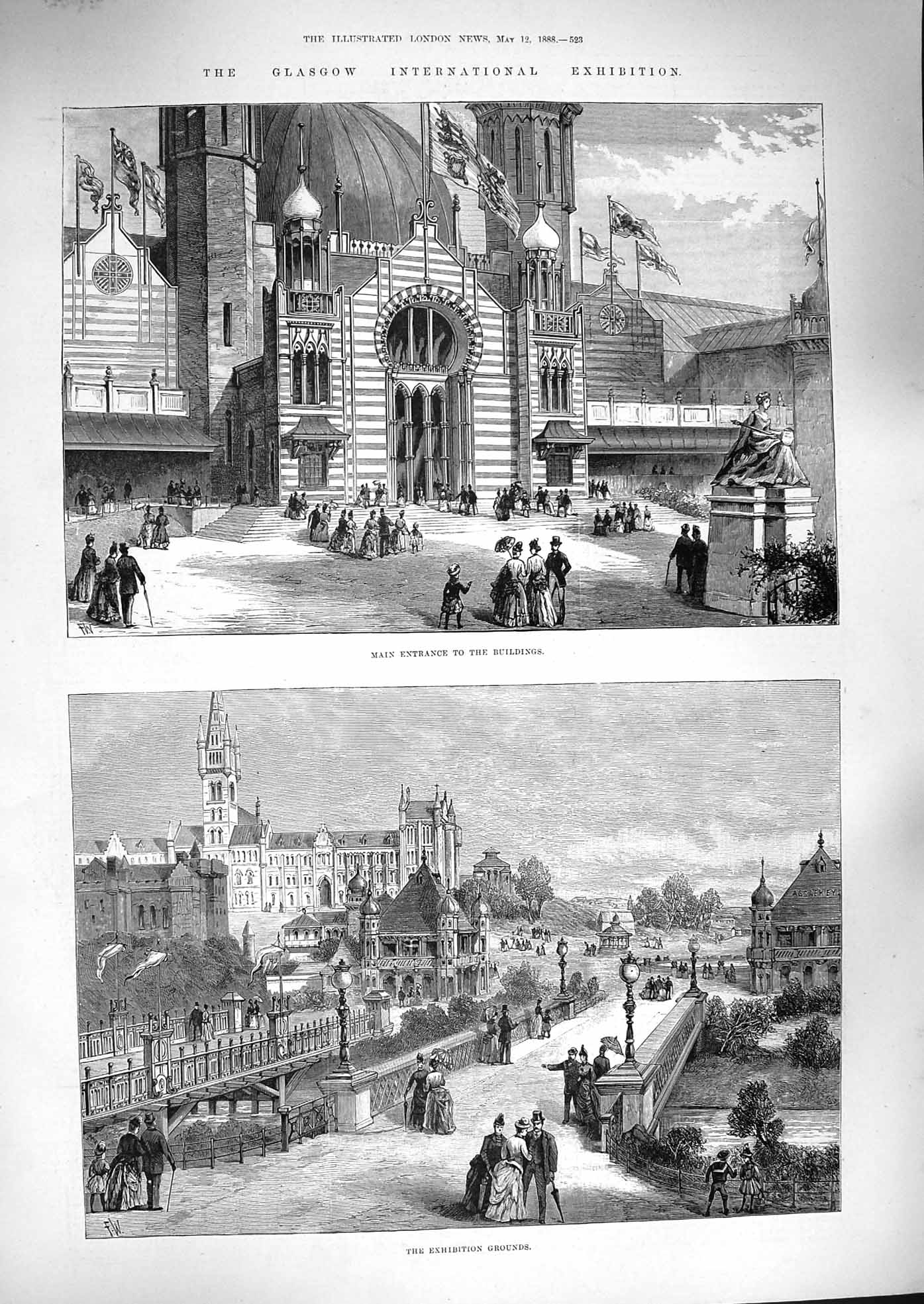 Old Antique Print 1888 Glasgow International Exhibition Buildings Grounds 19th