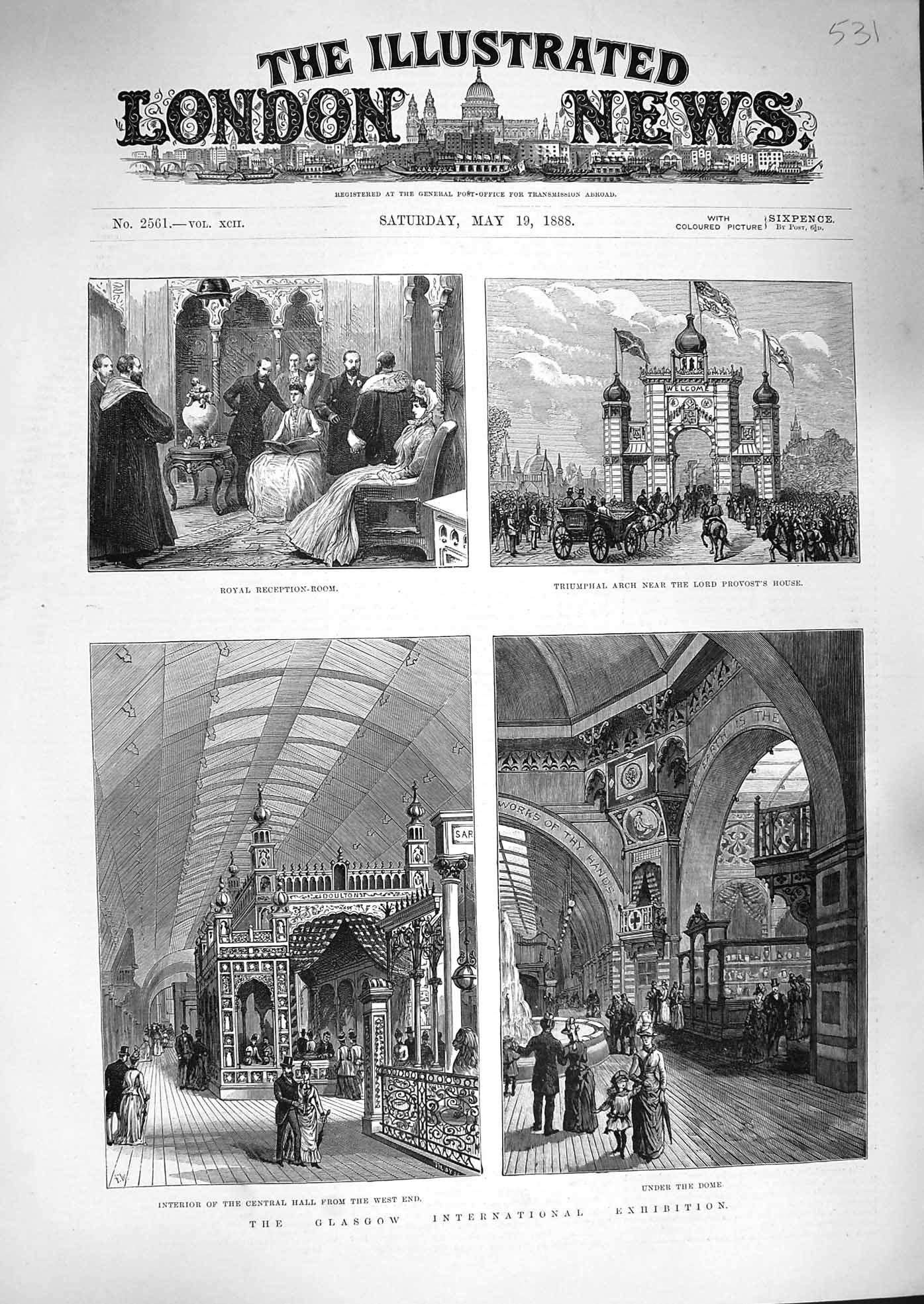Original Old Antique Print 1888 Glasgow International Exhibition Triumphal Arch