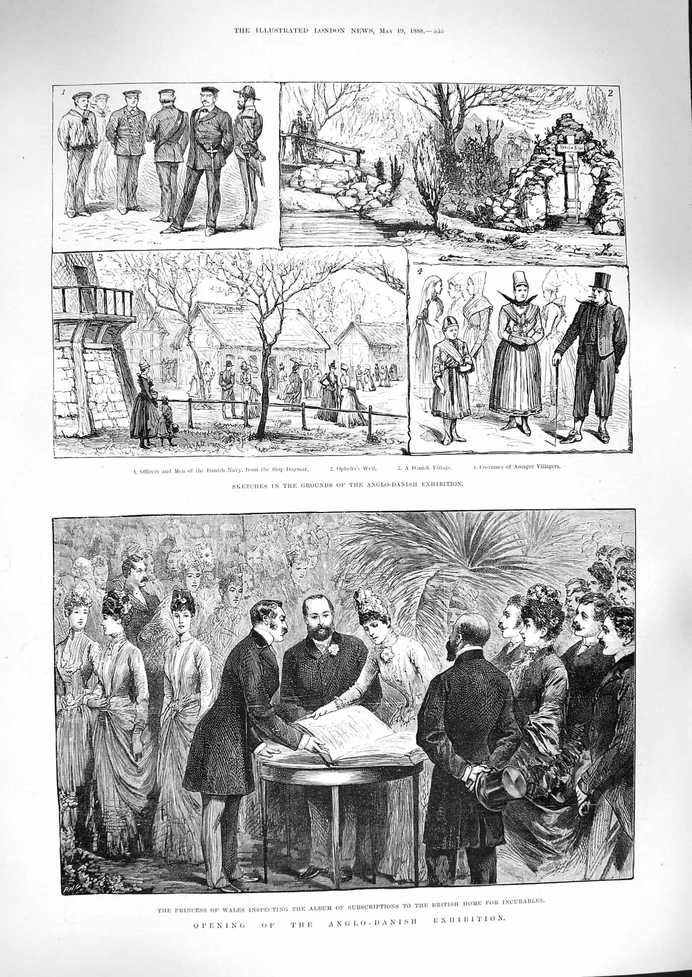 Original Old Antique Print 1888 Princess Wales Anglo-Danish Exhibition Ophelia