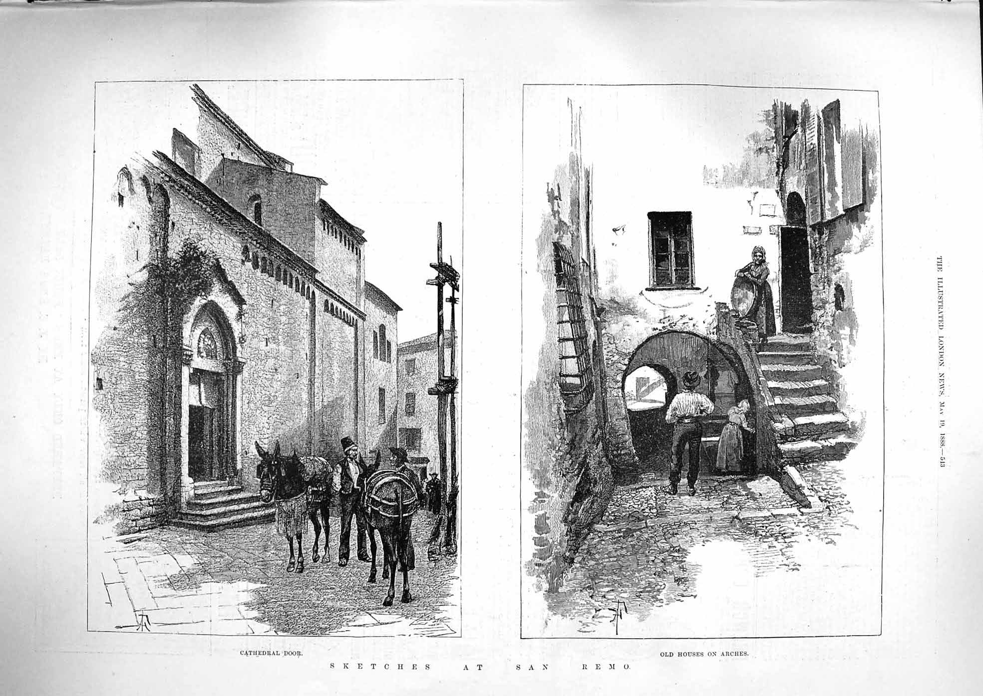 Original Old Antique Print 1888 San Remo Cathedral Door Houses Arches Victorian