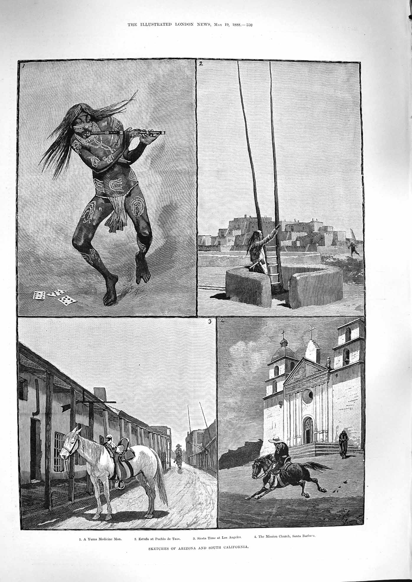 Old Antique Print 1888 Arizona California Yuma Medicine Man Church Taos 19th
