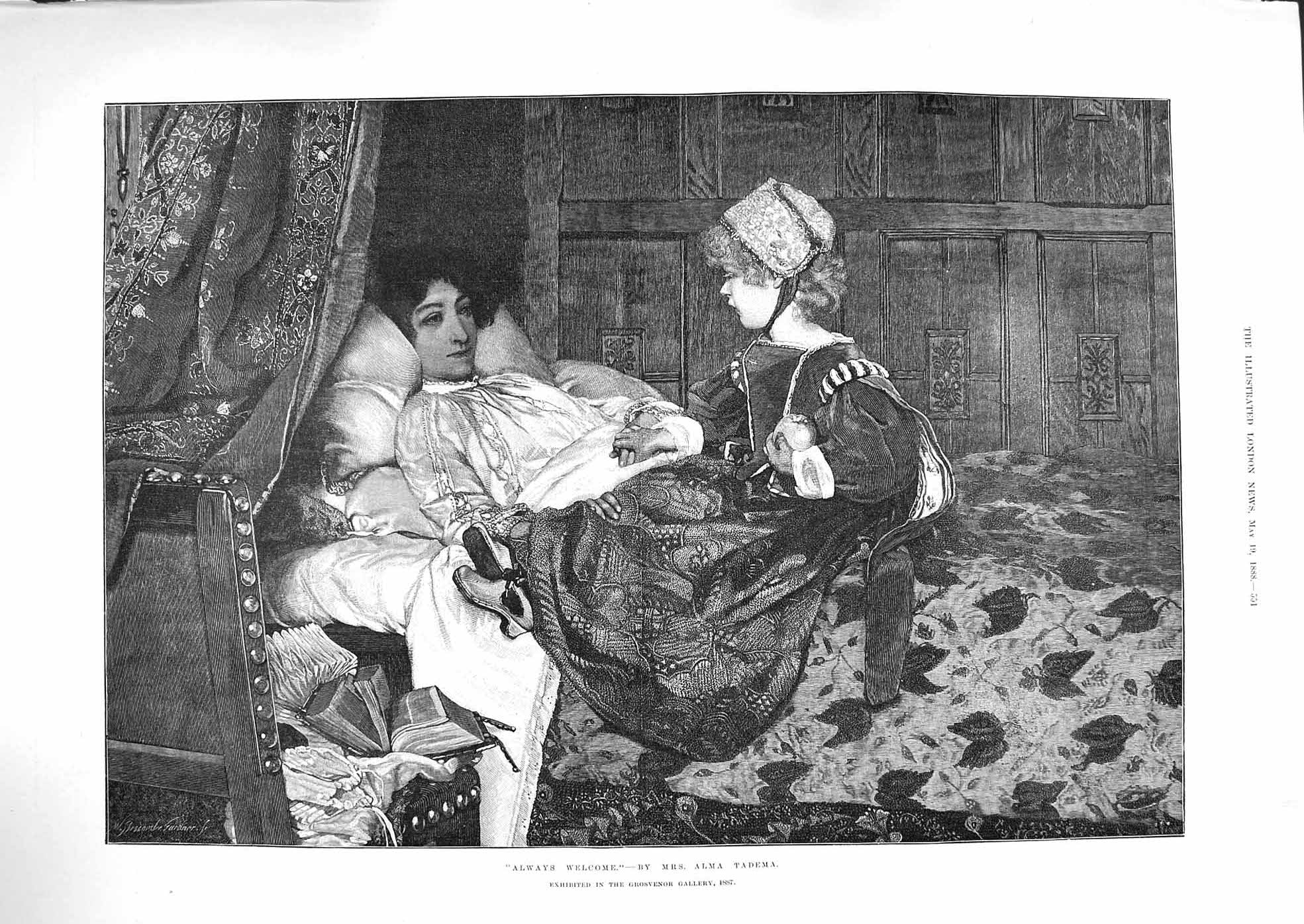 Original Old Antique Print 1888 Always Welcome Alma Tadema Sick Bed Lady Girl
