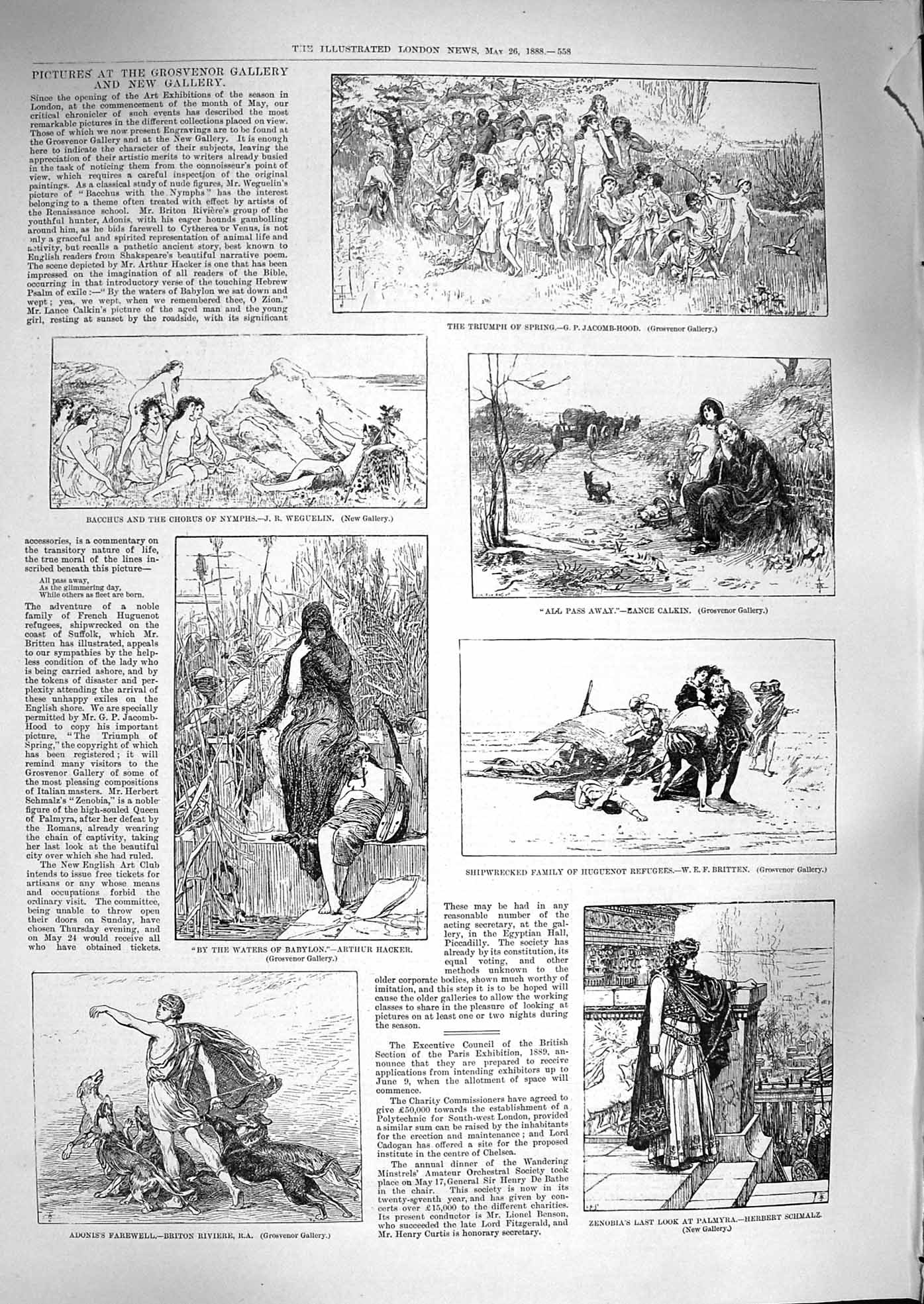 Old Antique Print 1888 Grosvenor Gallery Adonis Zenobia Bacchus Huguenot 19th