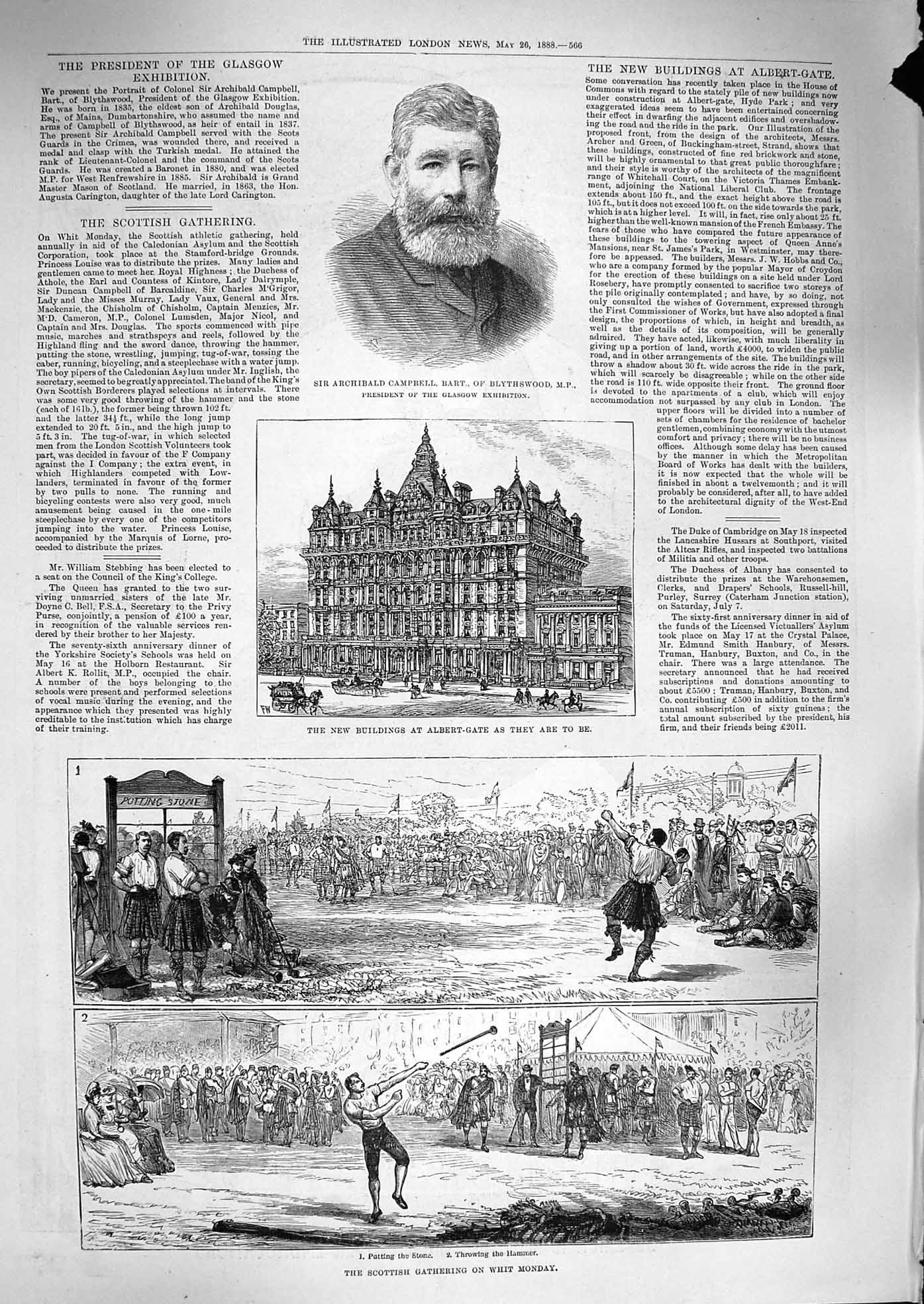 Old Antique Print 1888 Highland Games Hammer Albert-Gate Campbell Jacob'S 19th