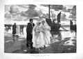 Antique Old Print 1888 Women Children Return Fete Dieu Sea Boats Fine Art 19th