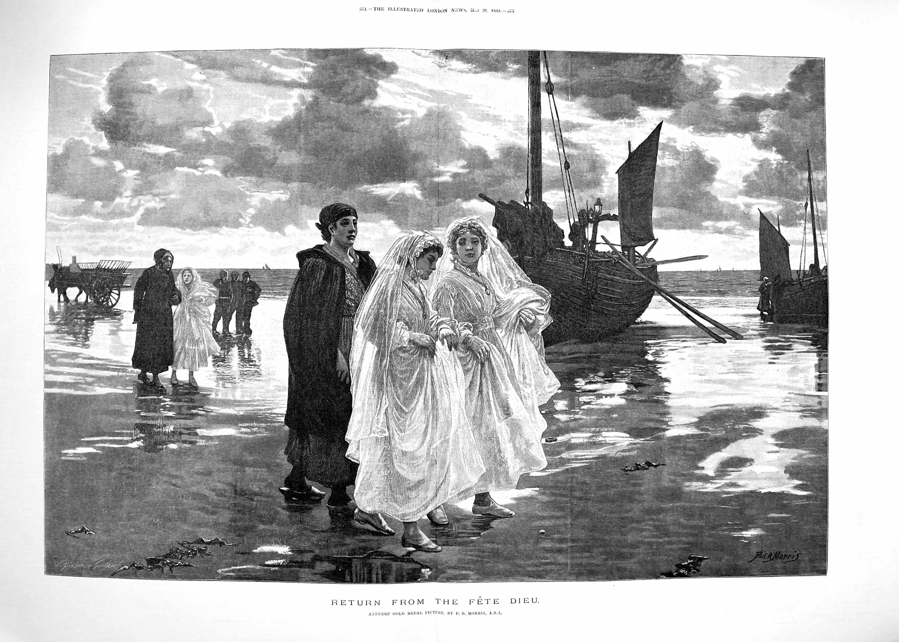 Antique Old Print 1888 Women Children Return Fete Dieu Sea Boats Fine Art 19th