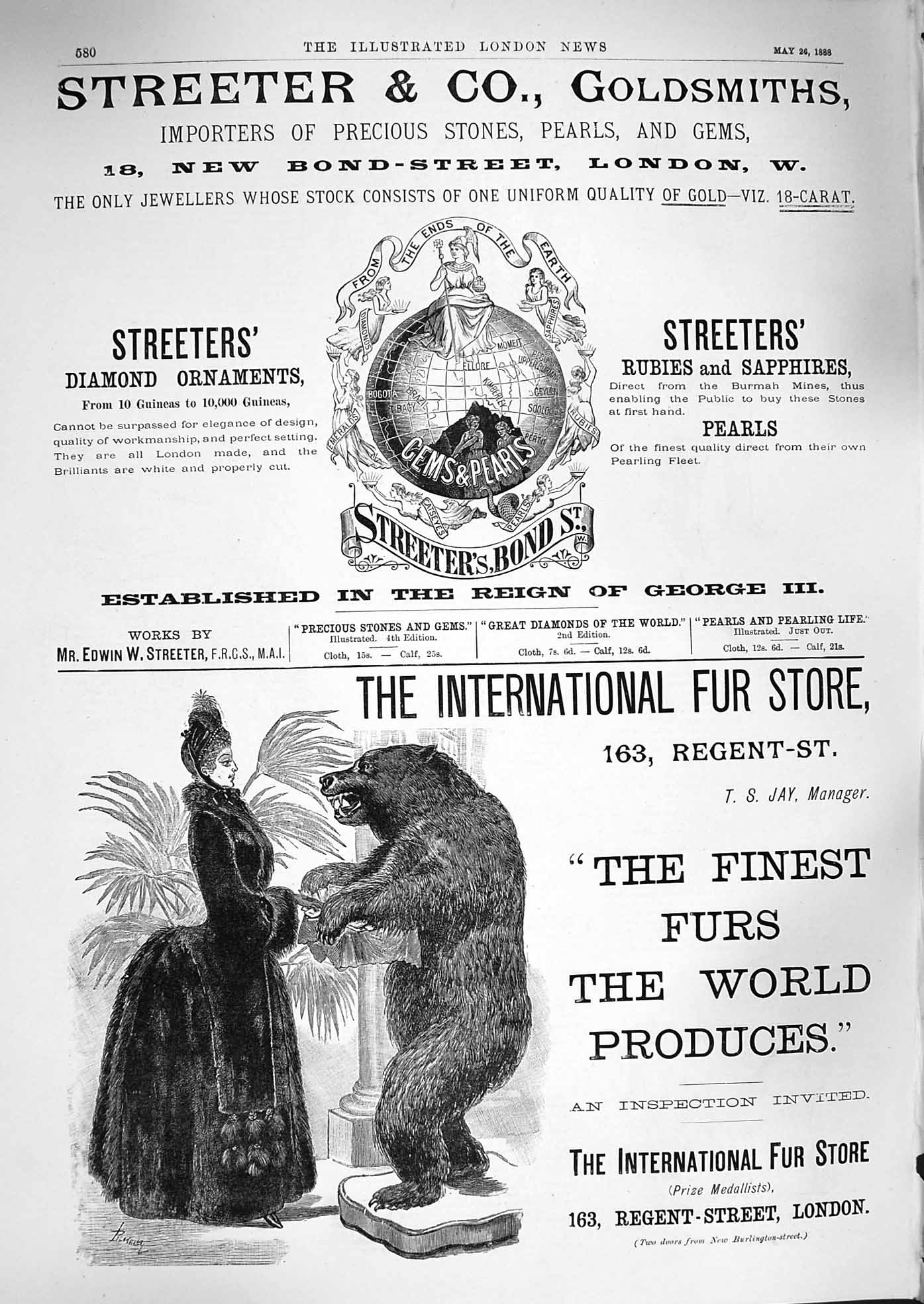 Original Old Antique Print 1888 Advertisement Streeter Gsmith Fur Store 19th
