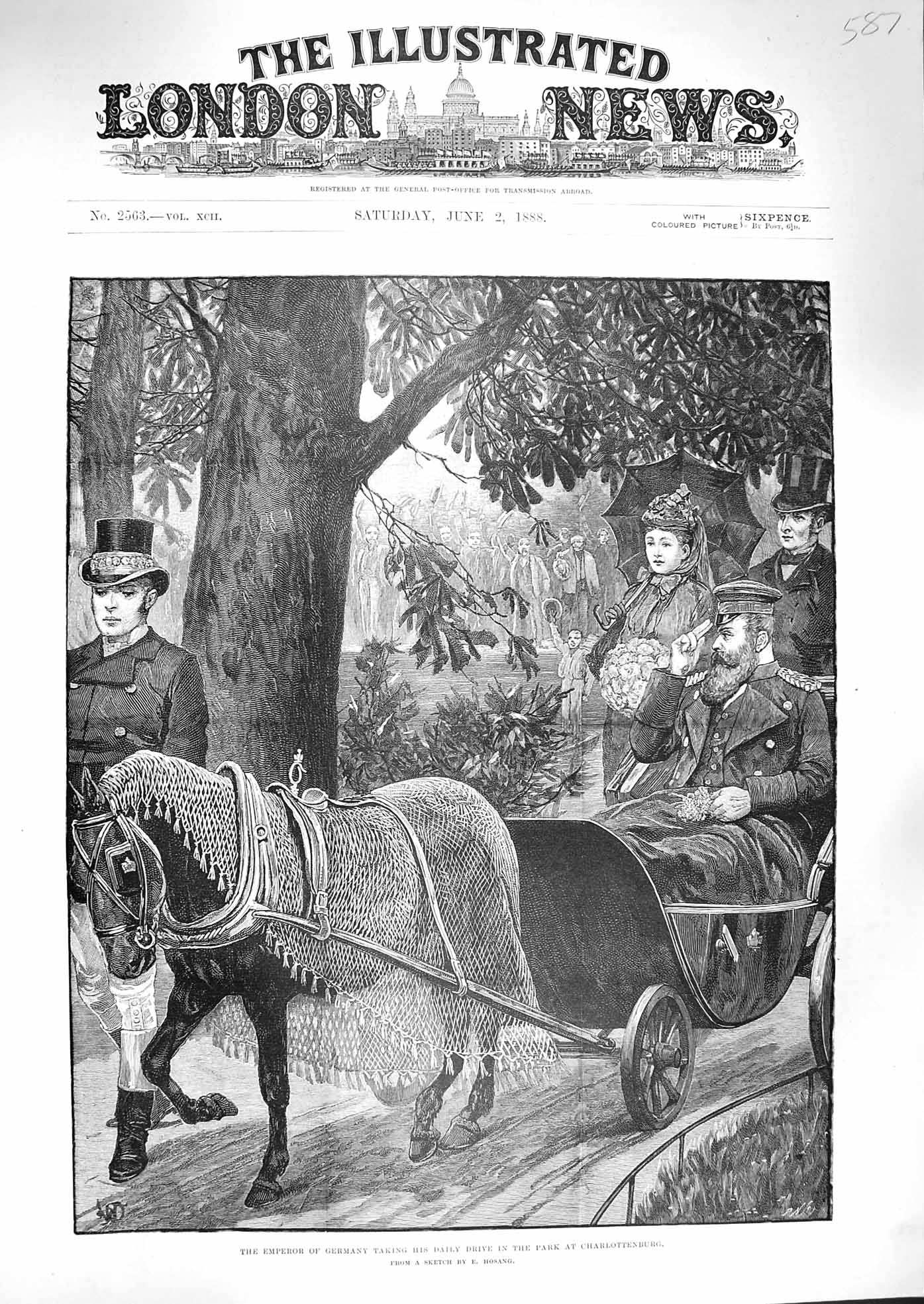 Original Old Antique Print 1888 German Emperor Horse Carriage Charlottenburg