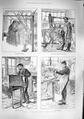 Original Old Antique Print 1888 Sweating System Hair-Sieve Weaving Chair Making