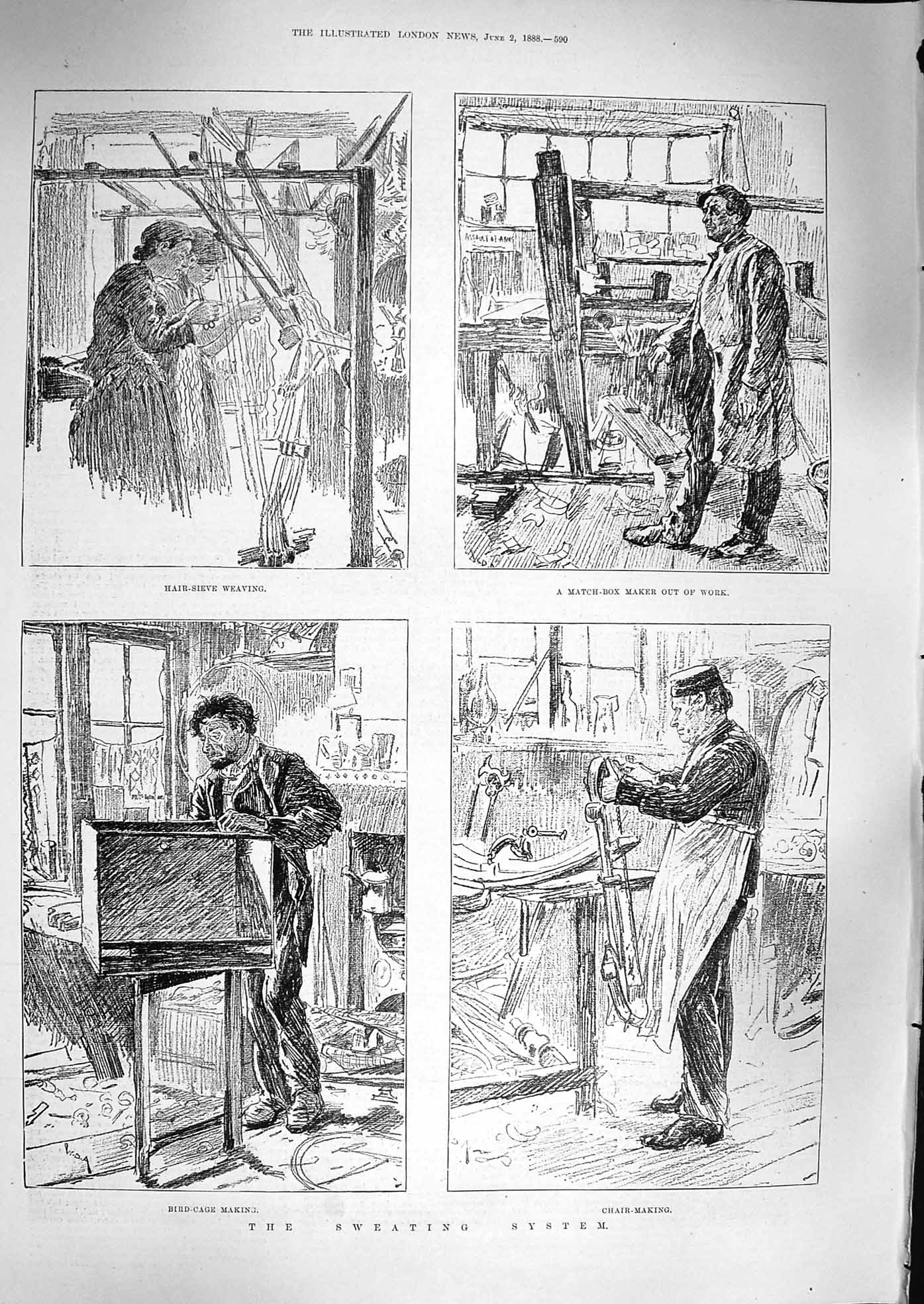 Original Old Antique Print 1888 Sweating System Hair-Sieve Weaving Chair Making