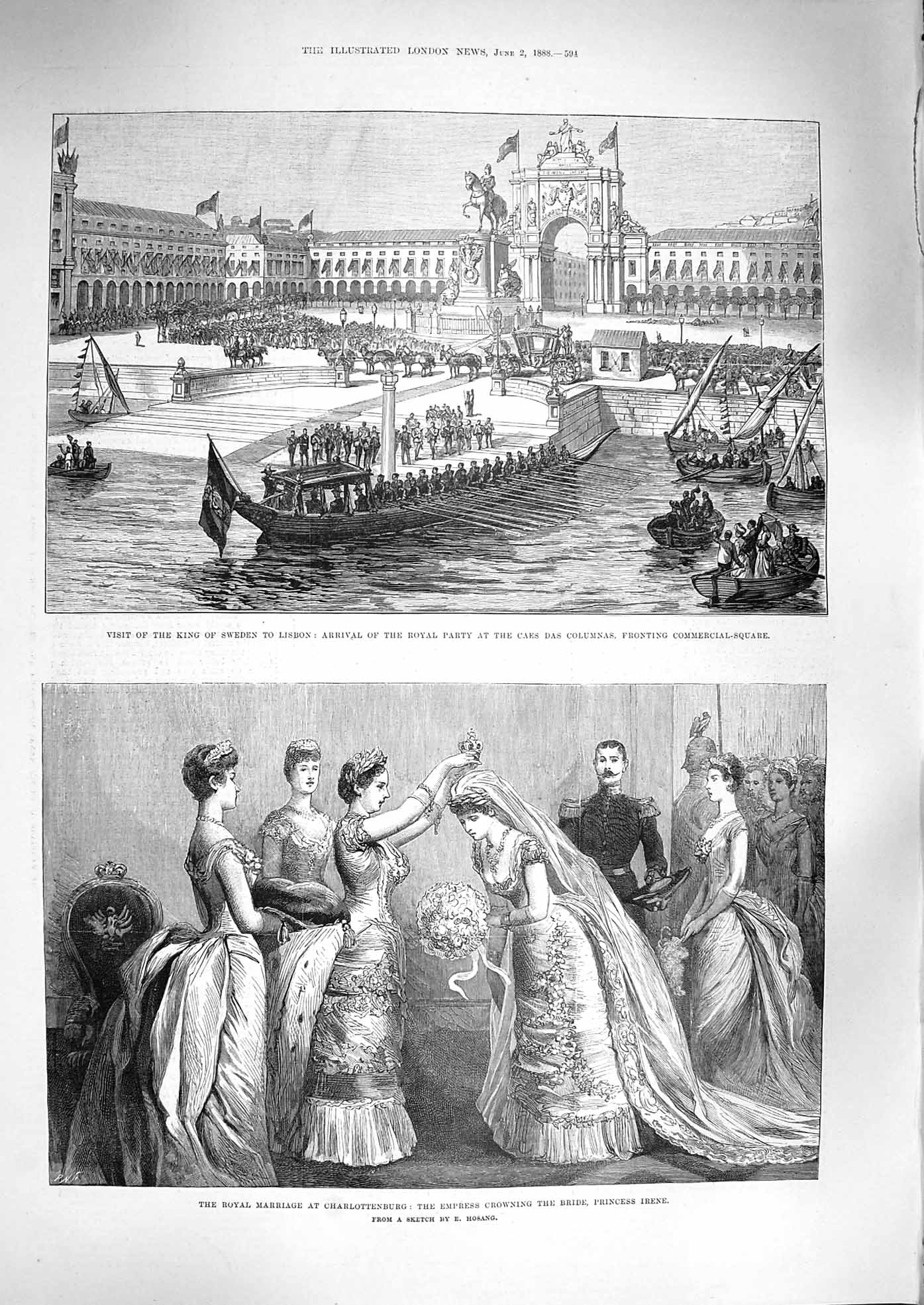 Original Old Antique Print 1888 King Sweden Lisbon Caes Columnas Princess Irene