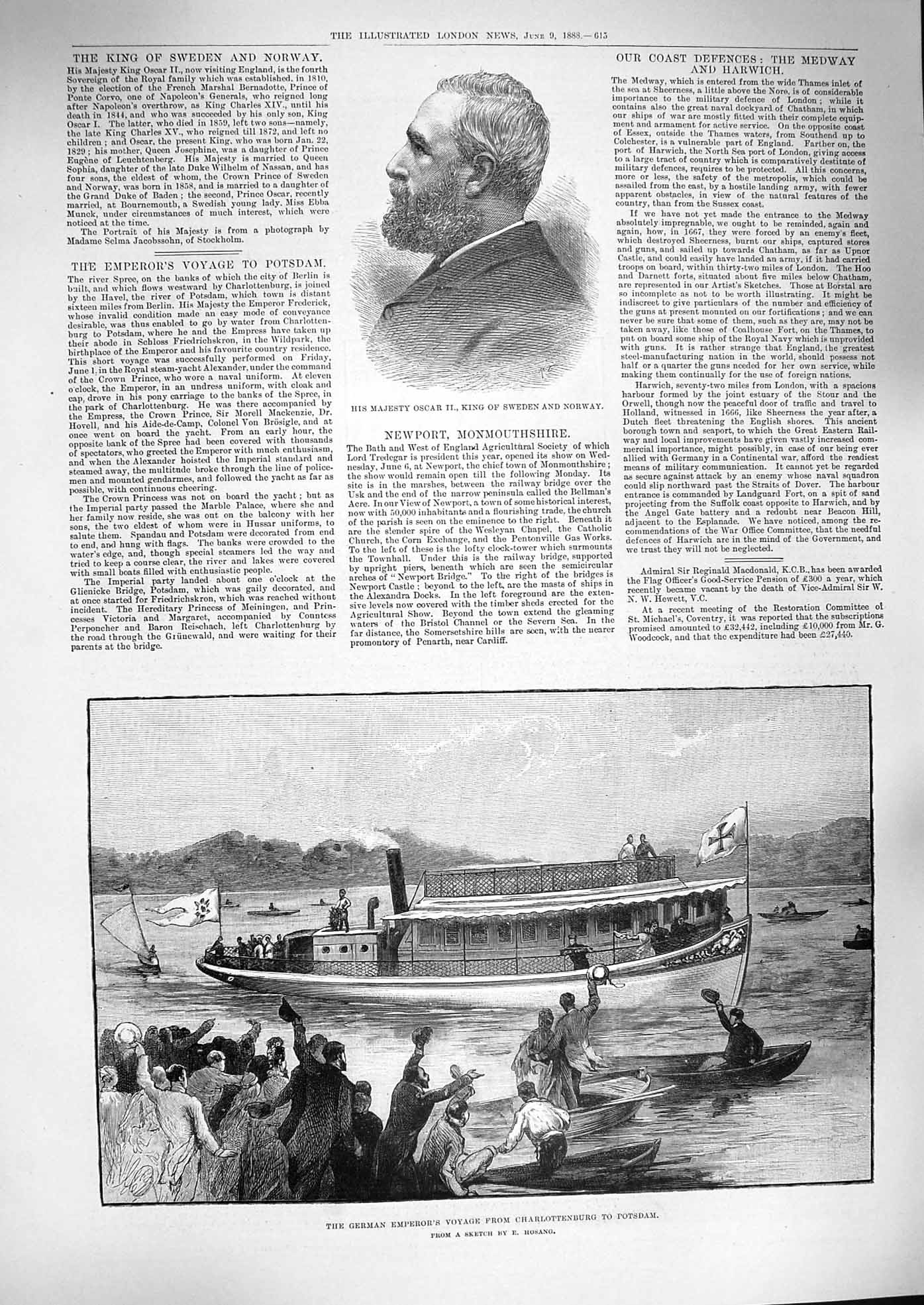 Original Old Antique Print 1888 King Oscar Sweden Norway German Emperor Potsdam