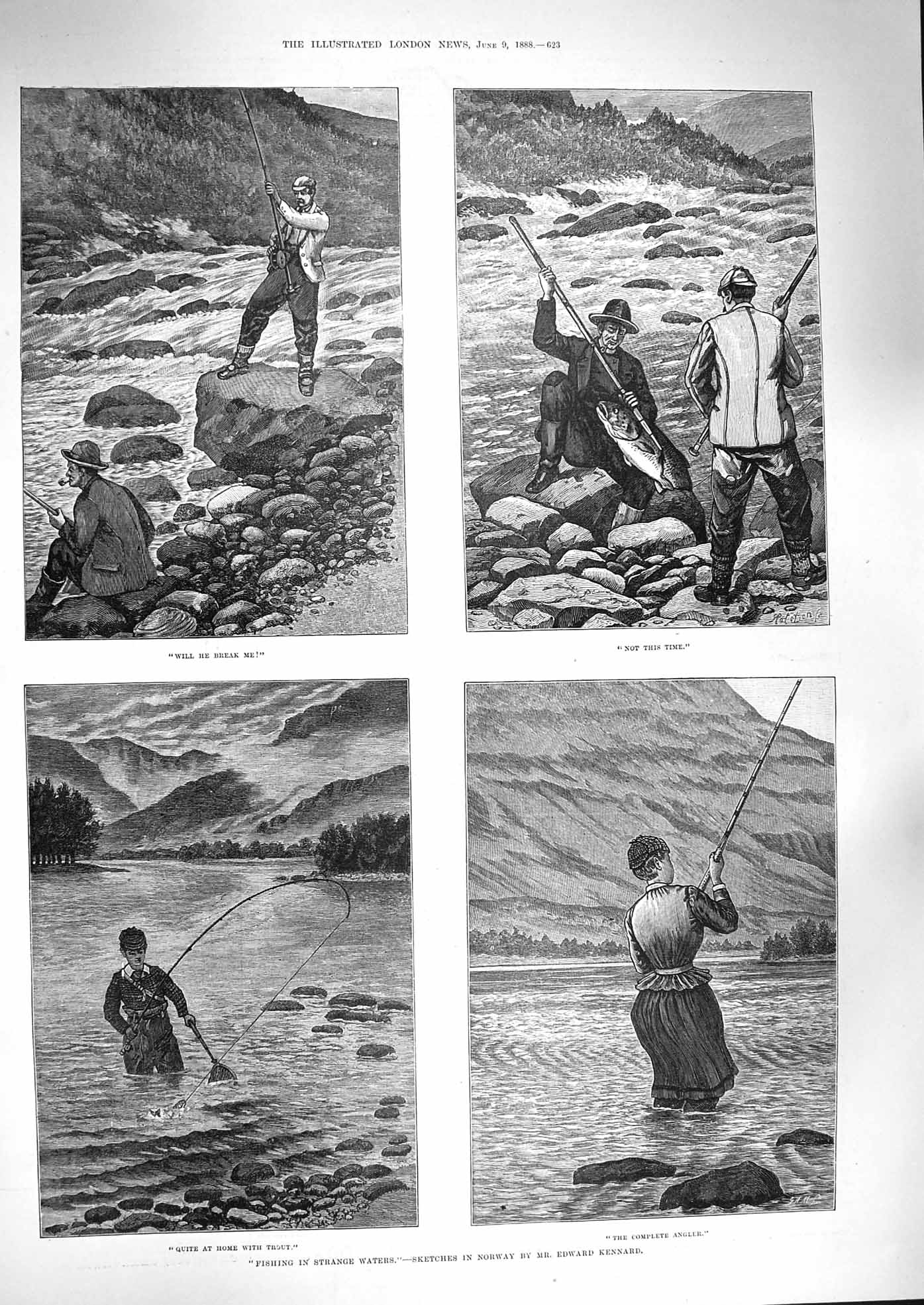 Original Old Antique Print 1888 Fishing Norway Angler River Fish Trout Kennard