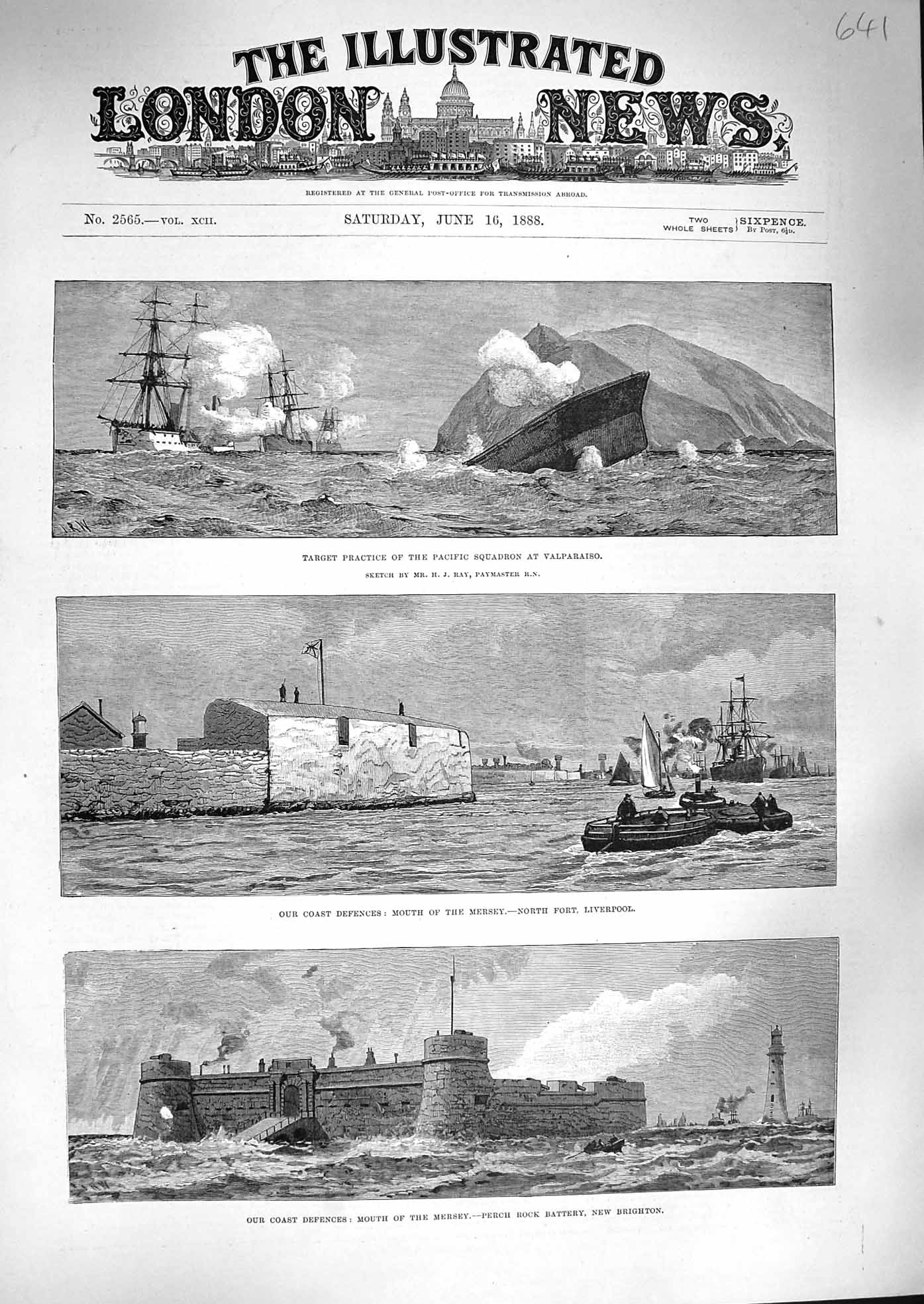Old Antique Print 1888 Perch Battery Brighton Liverpool Valparaiso Ship 19th