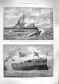 Original Old Antique Print 1888 Torpedo Boat Portsmouth Hero Ship Medea Chatham