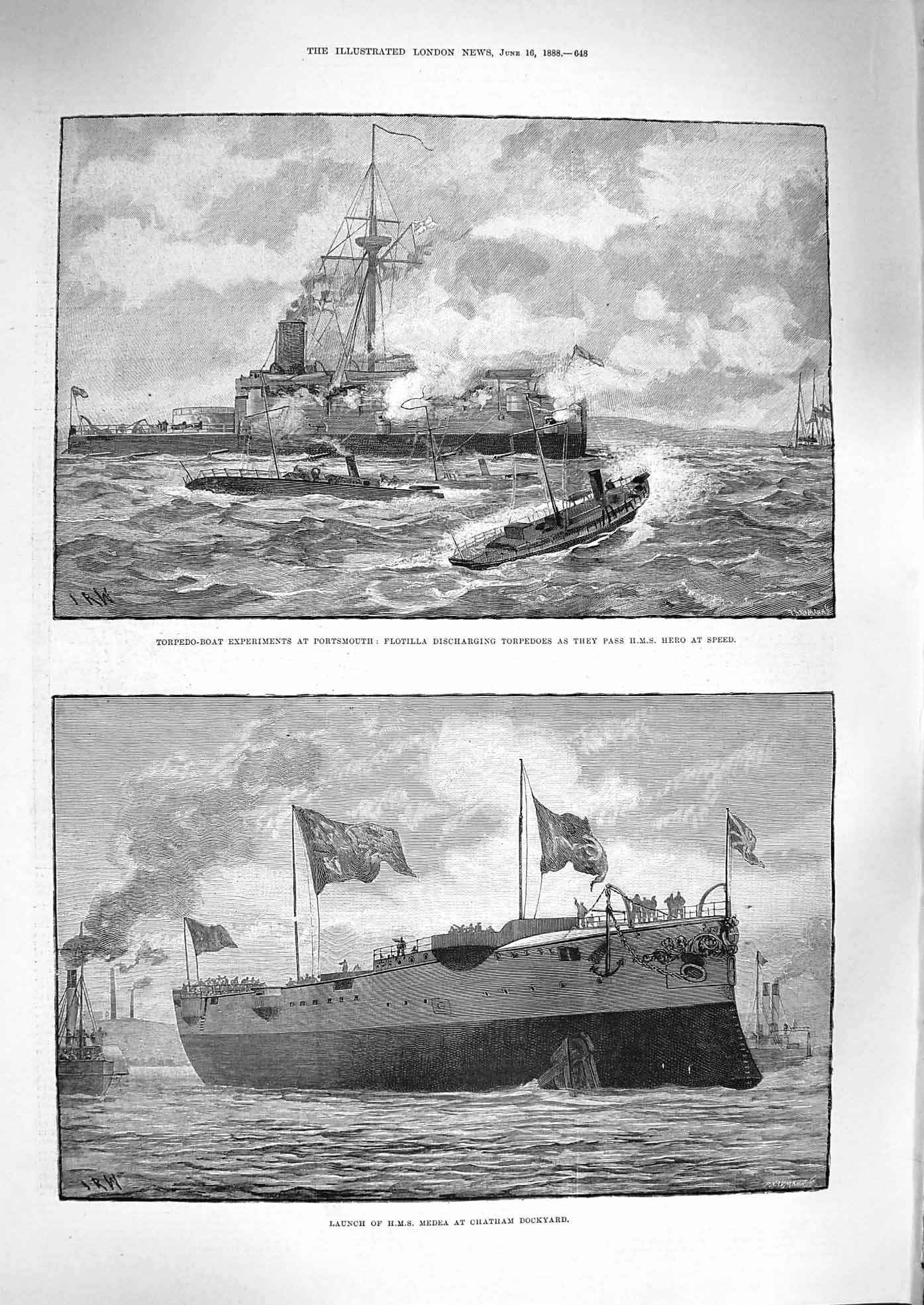 Original Old Antique Print 1888 Torpedo Boat Portsmouth Hero Ship Medea Chatham