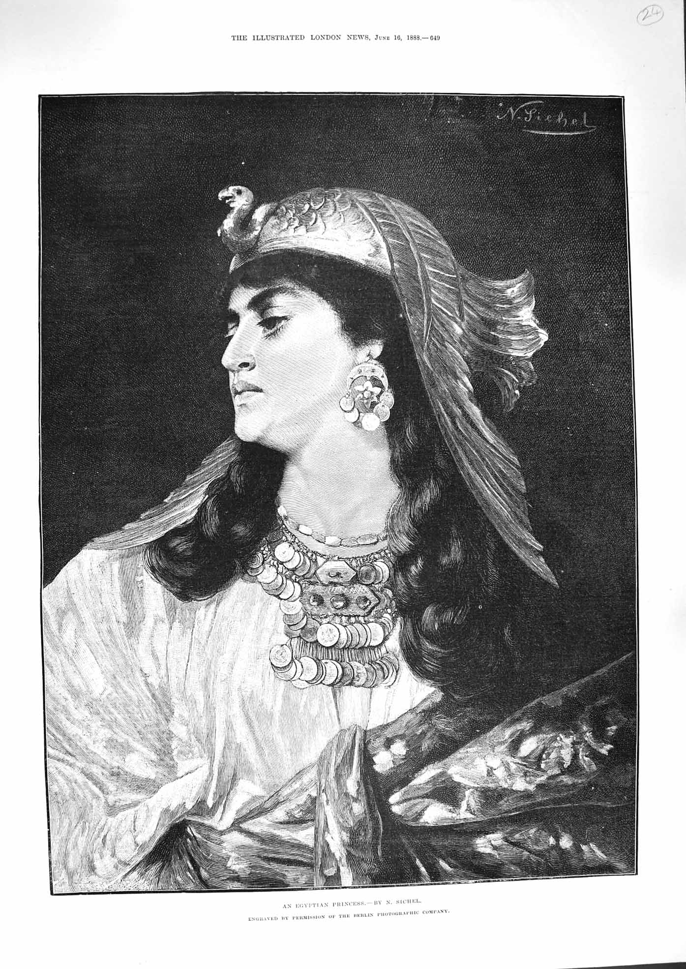Old Antique Print 1888 Egyptian Princess Portrait Beautiful Lady Sichel 19th